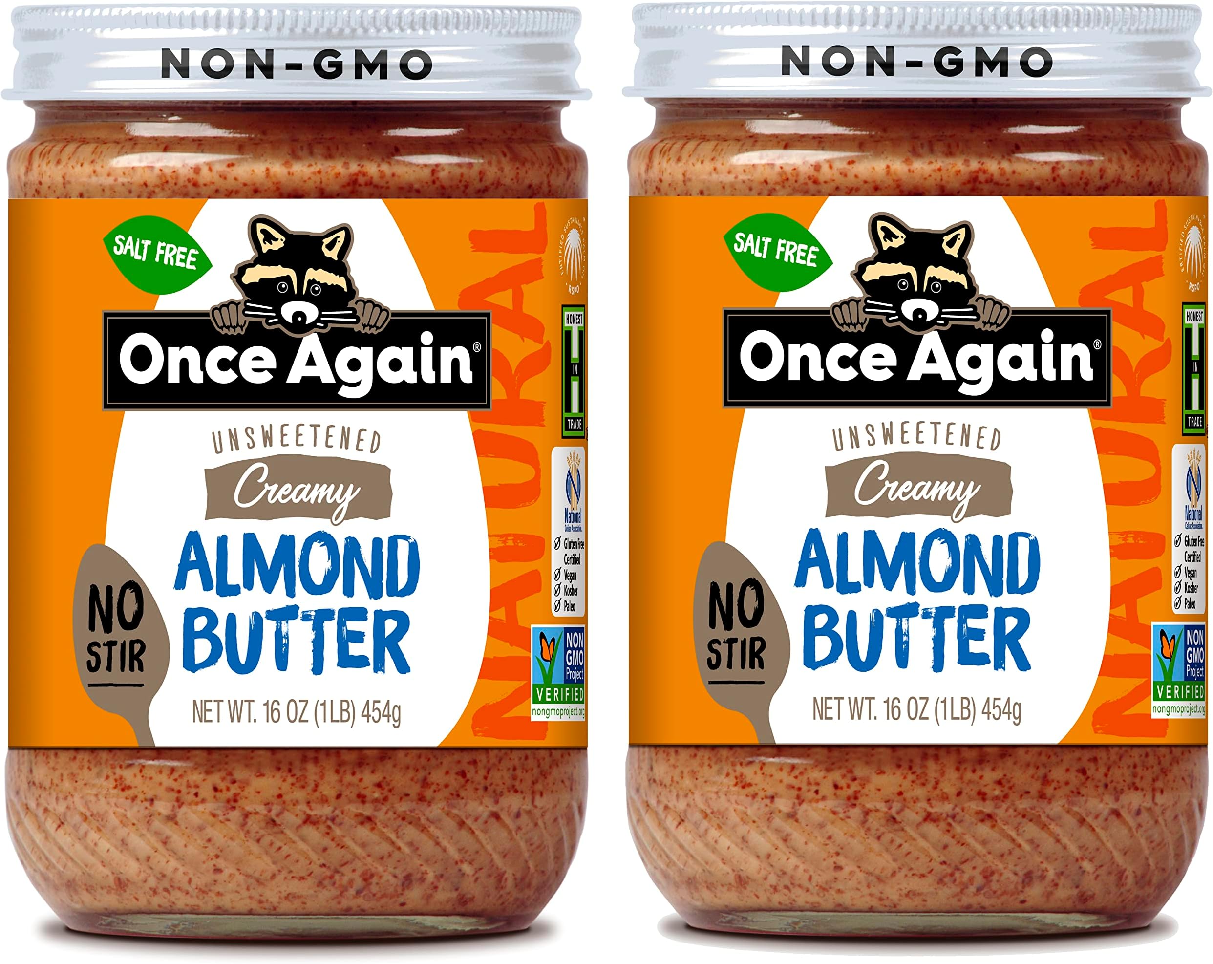 Once Again 2PK Natural Creamy Almond Butter, 16oz - No Stir - Salt Free, Unsweetened - Gluten Free Certified, Peanut Free, Vegan, Kosher, Paleo - Glass Jar
