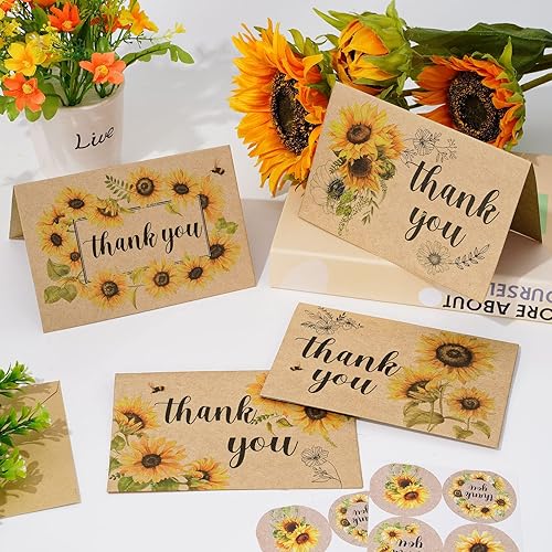 Miniatura 5 de AnyDesign Paquete de 36 tarjetas de agradecimiento de girasol Kraft surtidas a granel de primavera y verano, tarjetas de notas en blanco con