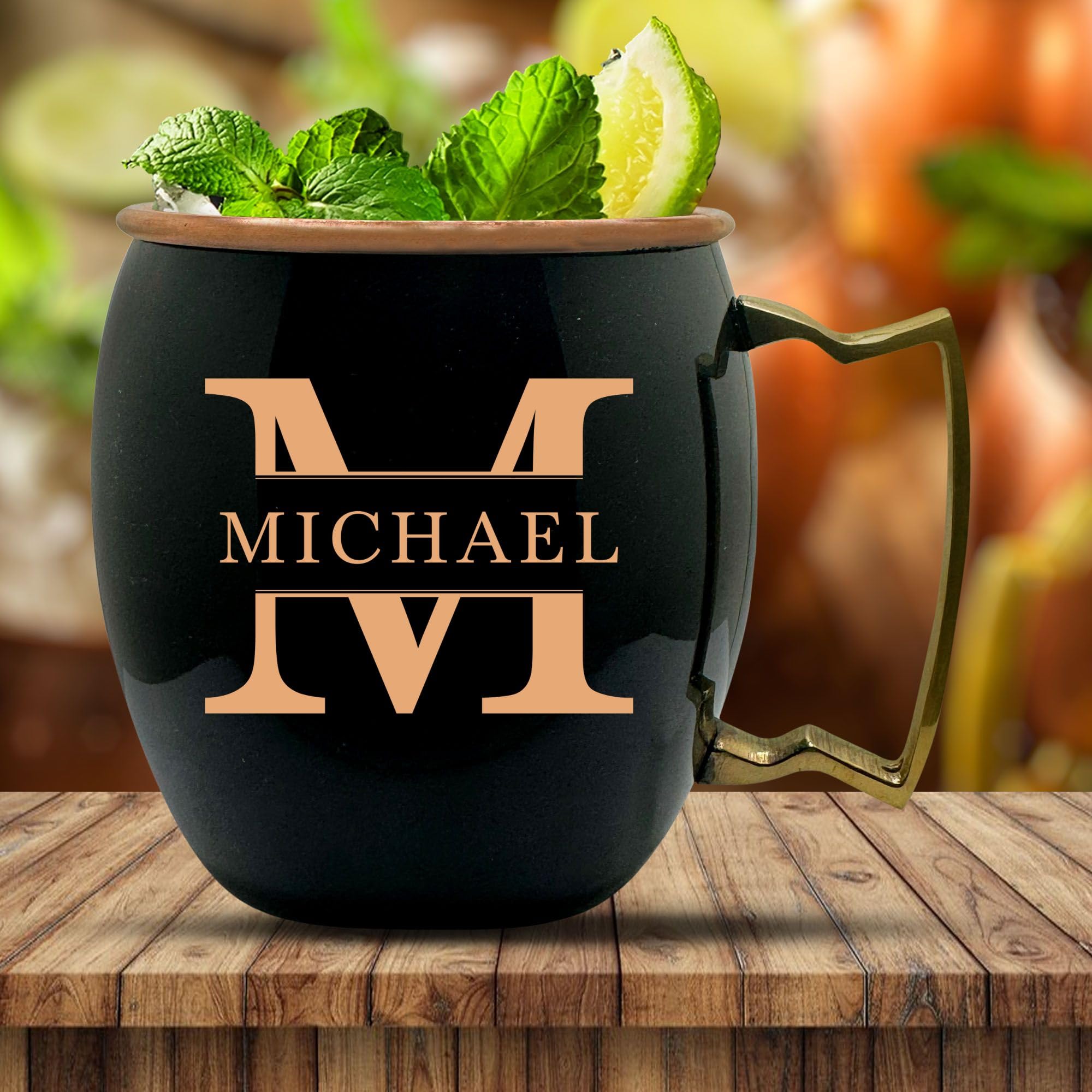 Personalized Custom Copper Moscow Mule with Smooth Painted Finish - Engraved Bar Style 100% Copper Cup with Custom Traditional Monogram Engraving, Brass Handle | 18 oz, Black