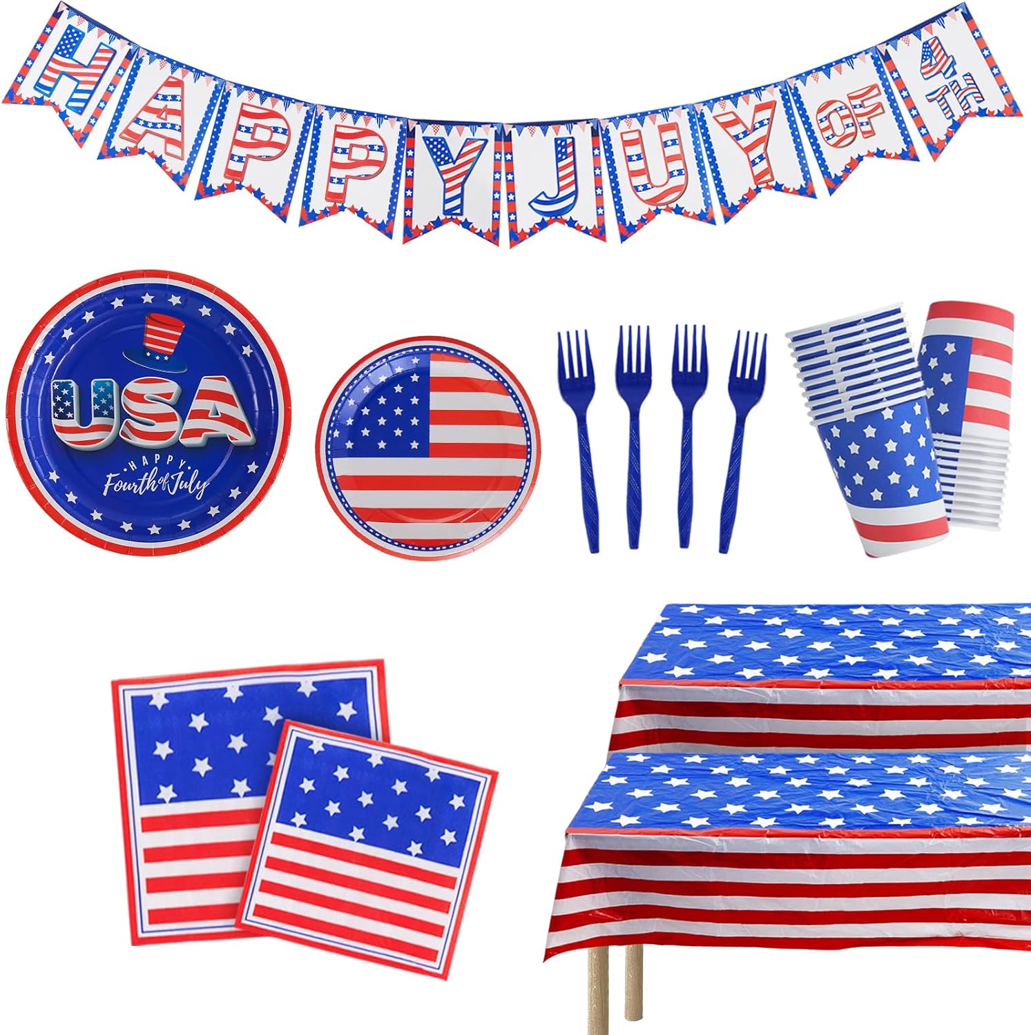 303Pcs American Flag Patriotic Party Supplies Disposable Dinner Paper Plates,Dessert Plates,Napkins & Cocktail Napkins,Tablecloth,Cups,Forks for Veterans Day, 4th of July, Independence Day Decorations