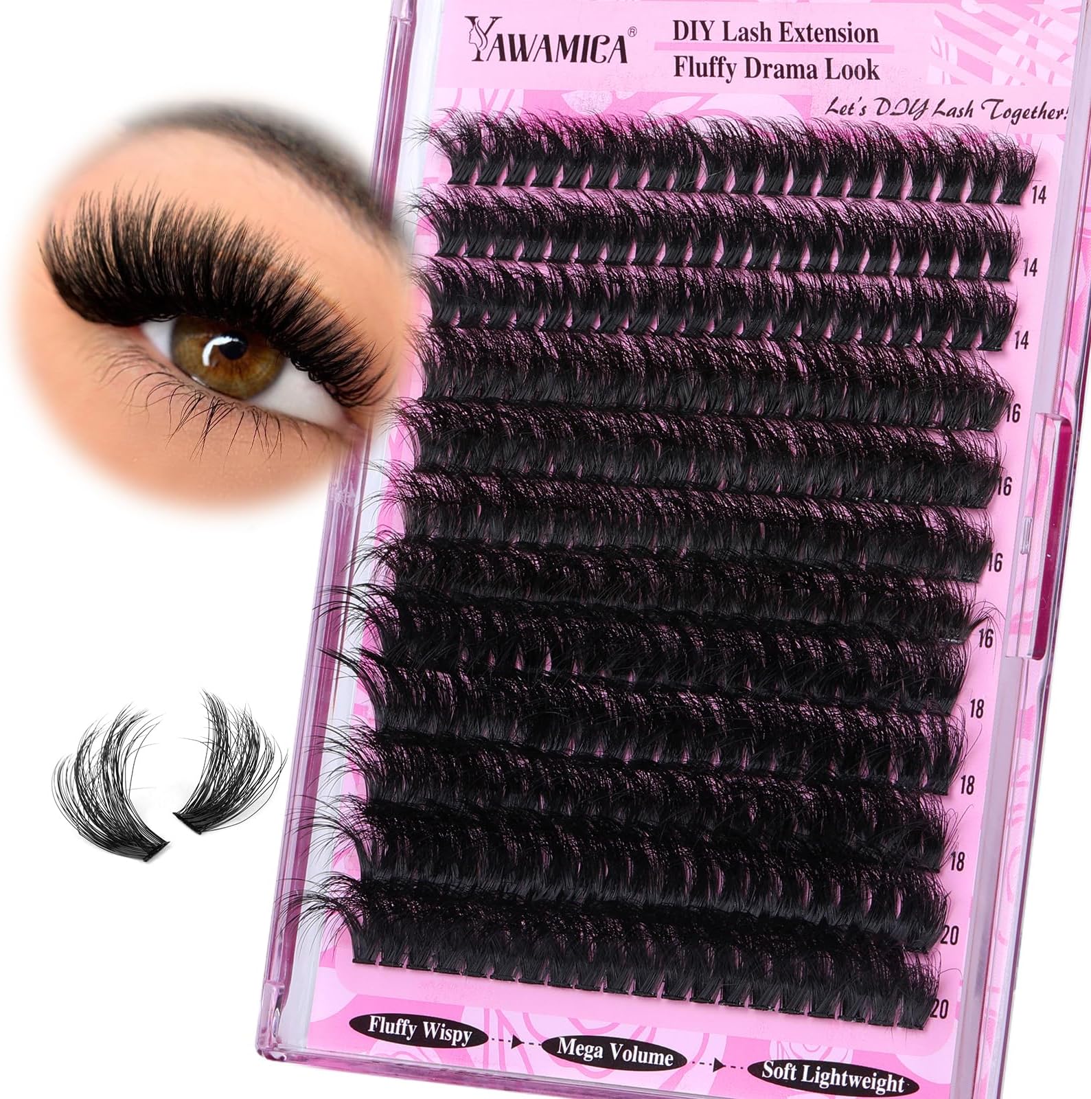 Yawamica Fluffy Lash Clusters Thick 200D Volume Eyelash Clusters 14-20mm Wispy Individual Lashes D Curly Cluster Eyelash Extensions 240pcs DIY Lash Extension for Beginners