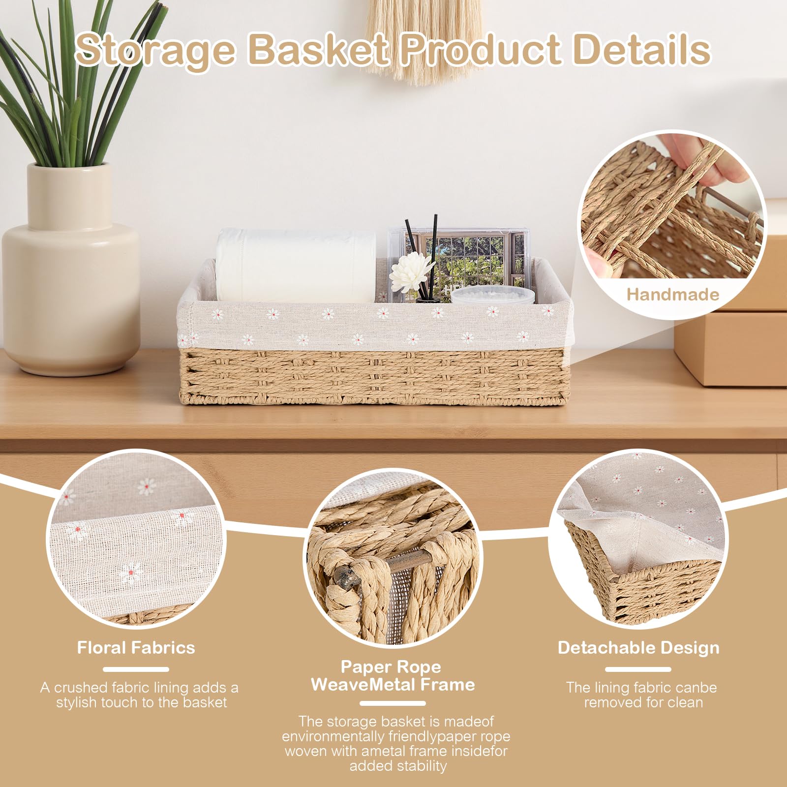 FoiiLiio Lot de 3 Panier Rangement, Paniers de Rangement Tressés, Paniers et boîtes de Rangement, Corbeille Rangement pour Salle de Bain, Cuisine, Organisateur Table a Langer Bebe (Beige)