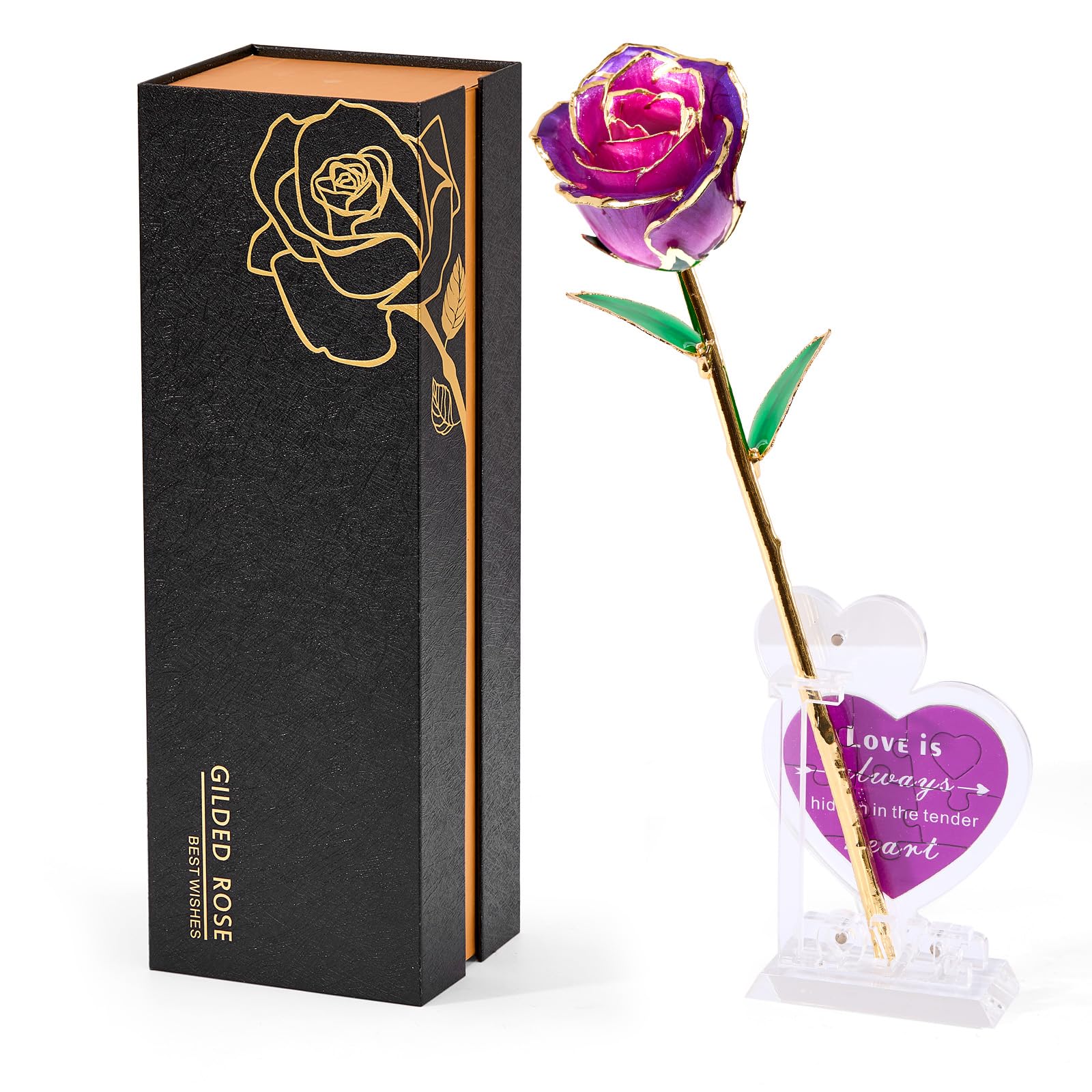Mikasol 24K Gold Plated Blue Rose - Eternal Preserved Flower With Heart Puzzle Message Stand