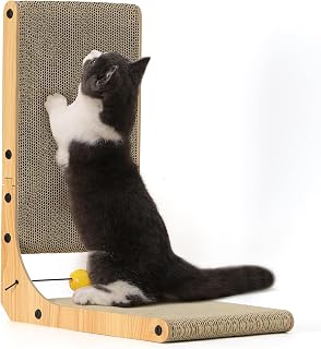 FUKUMARU 18.9" L-Shaped Cardboard Cat Scratcher Wall Mounted with Ball Toy - Vertical Scratch Pad for Indoor Cats