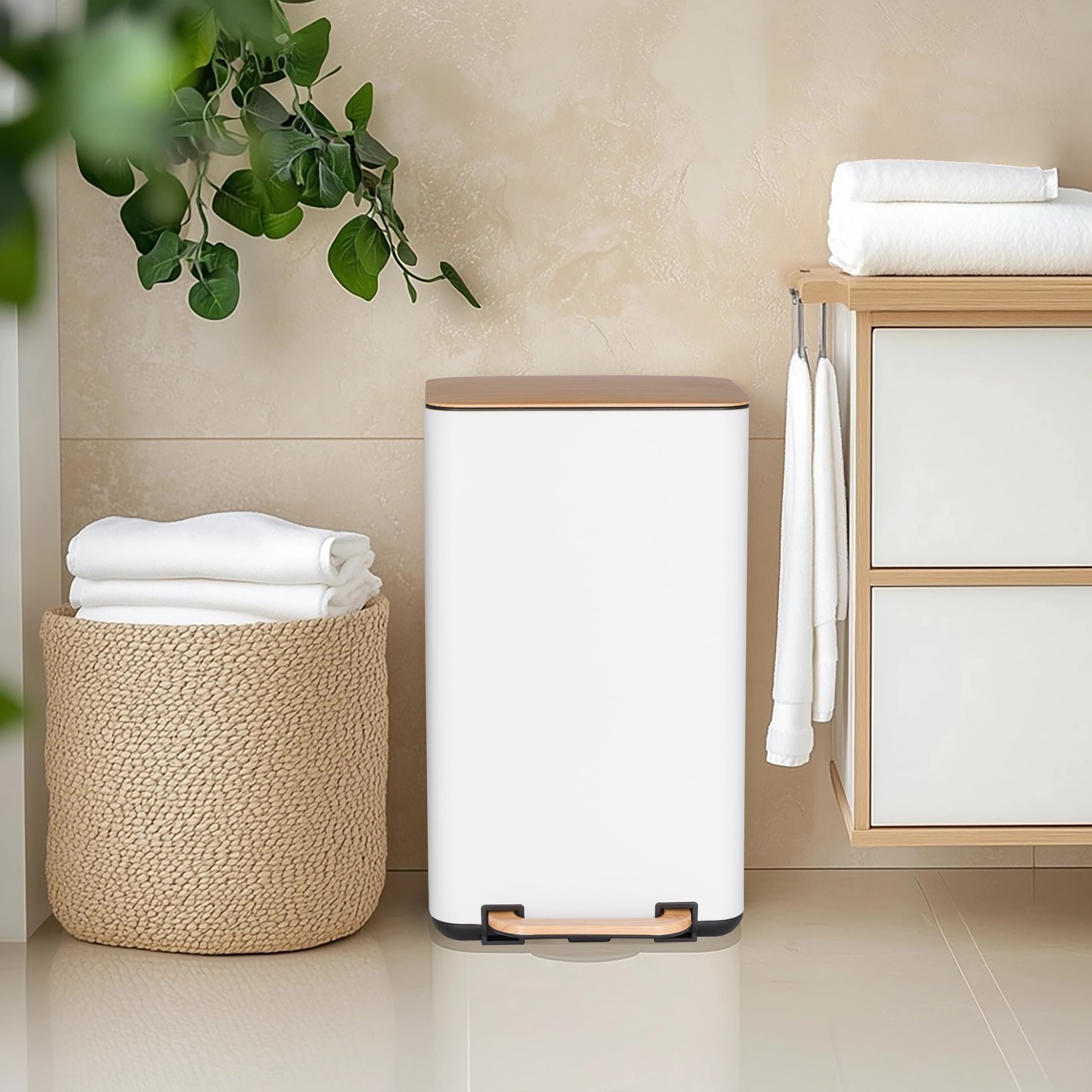 hjh OFFICE Cubo de basura de cocina, 30 litros CLEAN NATURA cubo de basura de metal con cierre suave, cubo de pedal con cubo interior, crema/nuez