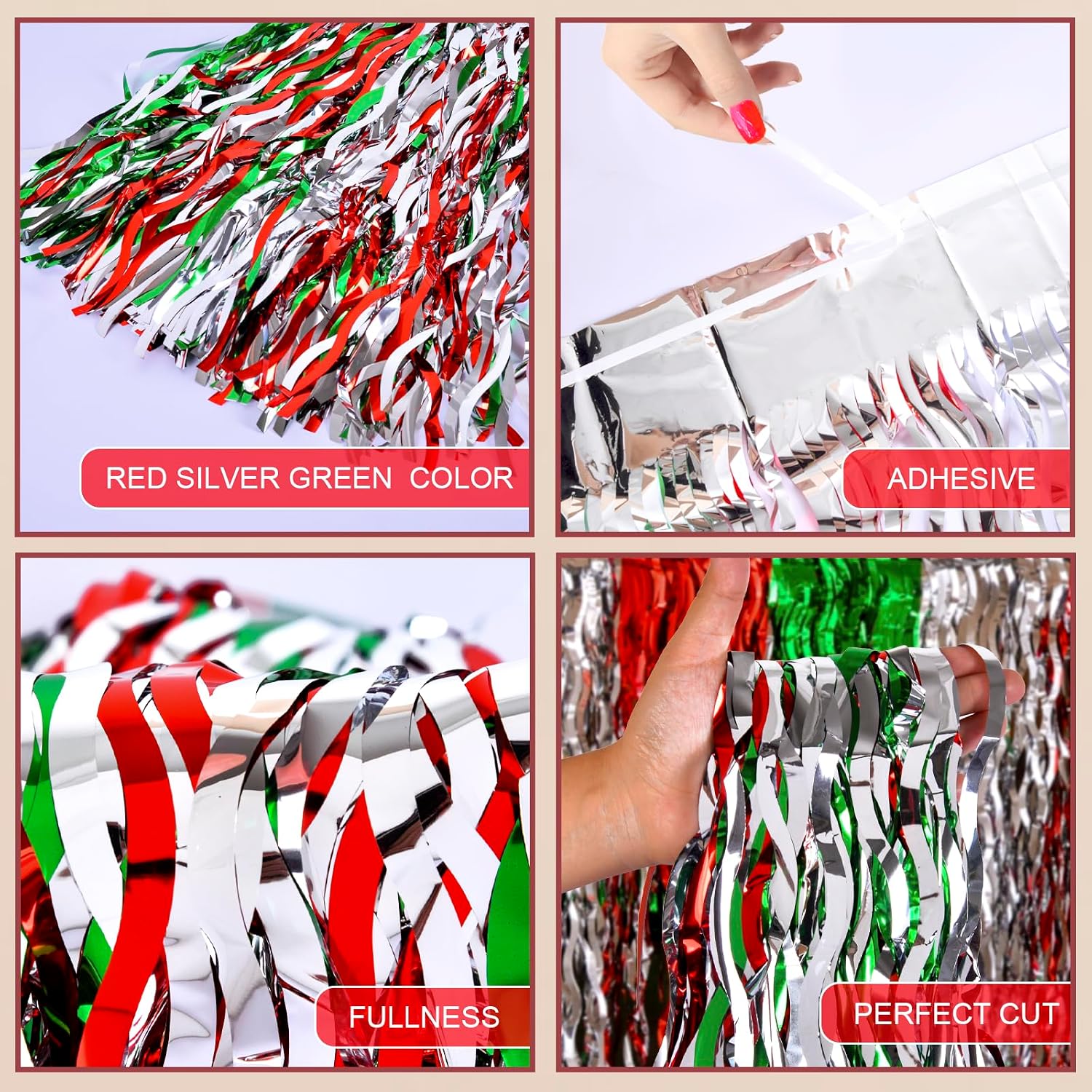 LOLStar Christmas Party Decorations, 2 Pack Red White and Green Wavy Metallic Tinsel Foil Fringe Table Skirt for Rectangle & Round Tables, Perfect Table Decorations for Christmas Ugly Sweater Party
