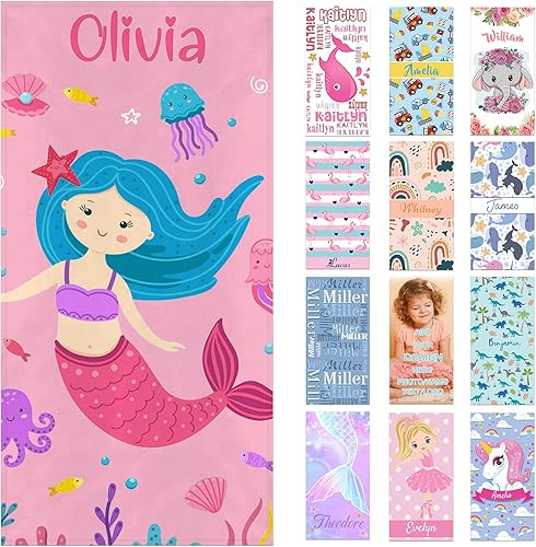 Toallas de playa personalizadas para niños y adultos con nombres, toallas de playa personalizadas de sirena para niñas y niños, toalla de baño