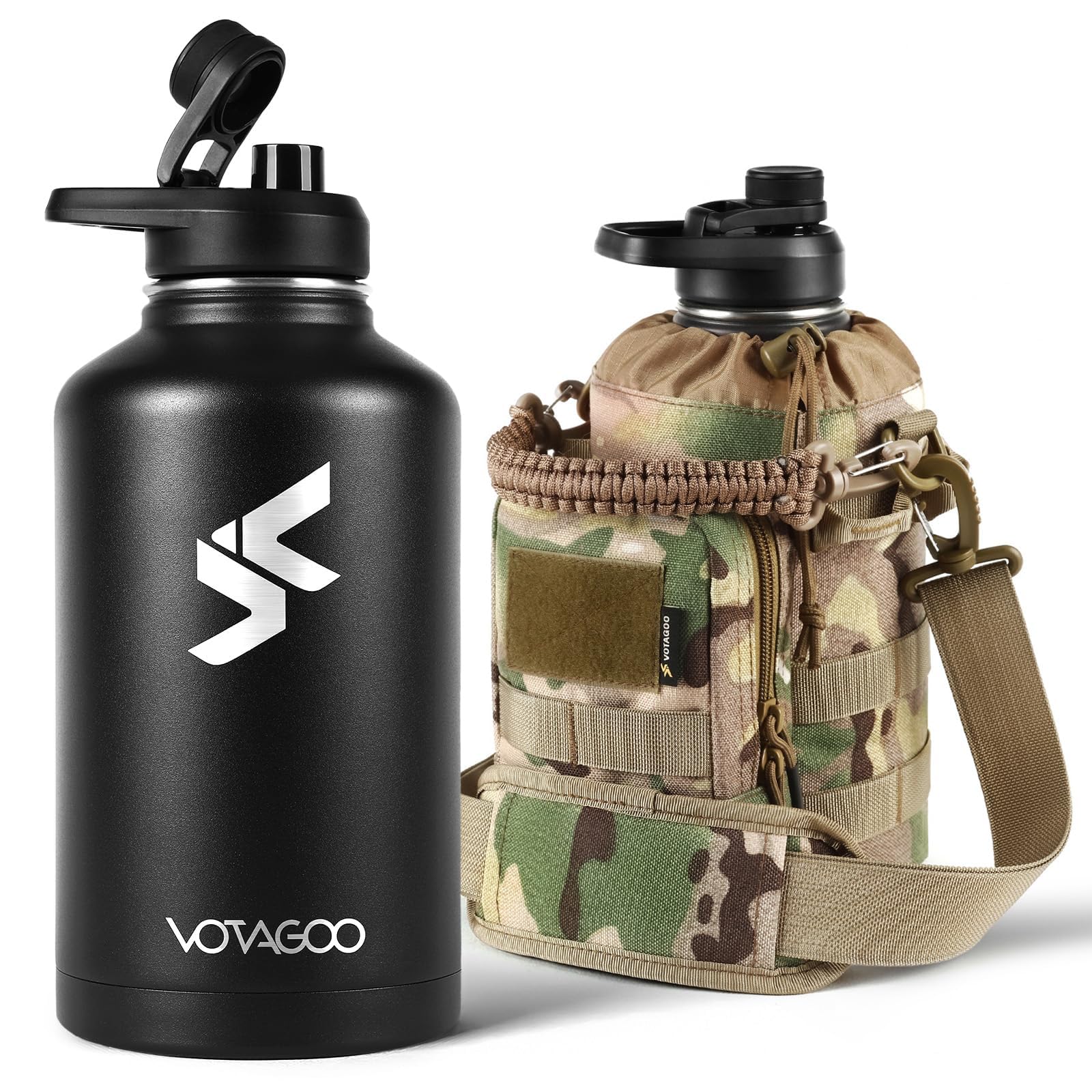 64Oz Tactical Water Bottle - Half Gallon Stainless Steel Insulated Water Bottle, Metal Military Bottle with Rugged, Removable Sleeve Tactical Carrier Bag for Hiking Camping Hunting