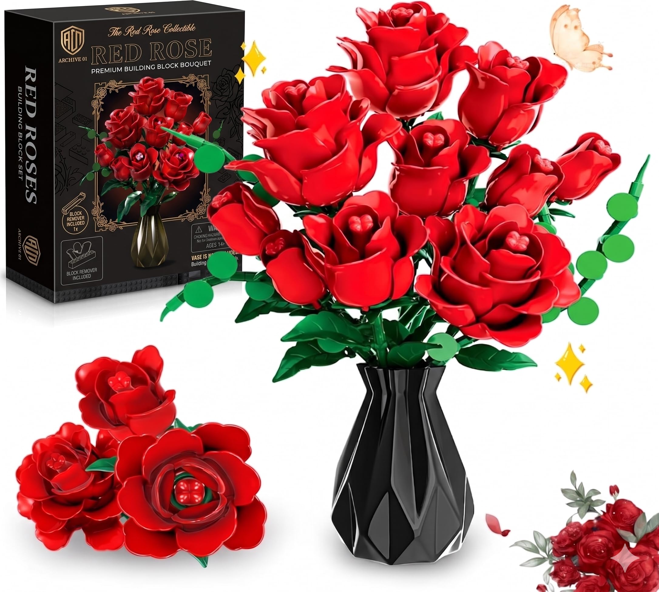Red Rose Flowers Bouquet Building Set, 11 Artificial Flowers Toy Kit for Botanical Collection, DIY Birthday, for Adults Women Mum Wife Her Girls 6+, Decorative Home Elegant (443 Pieces) (Red)