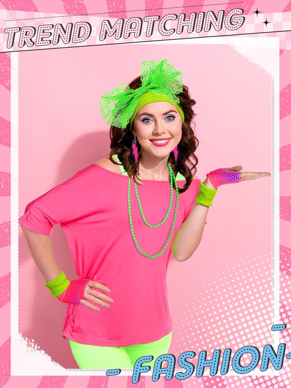 8 Pcs 80s Costume Women Outfit Accessories Set Tee Racerback Legging Pants Anklet Gloves Earring Hairband - Image 5