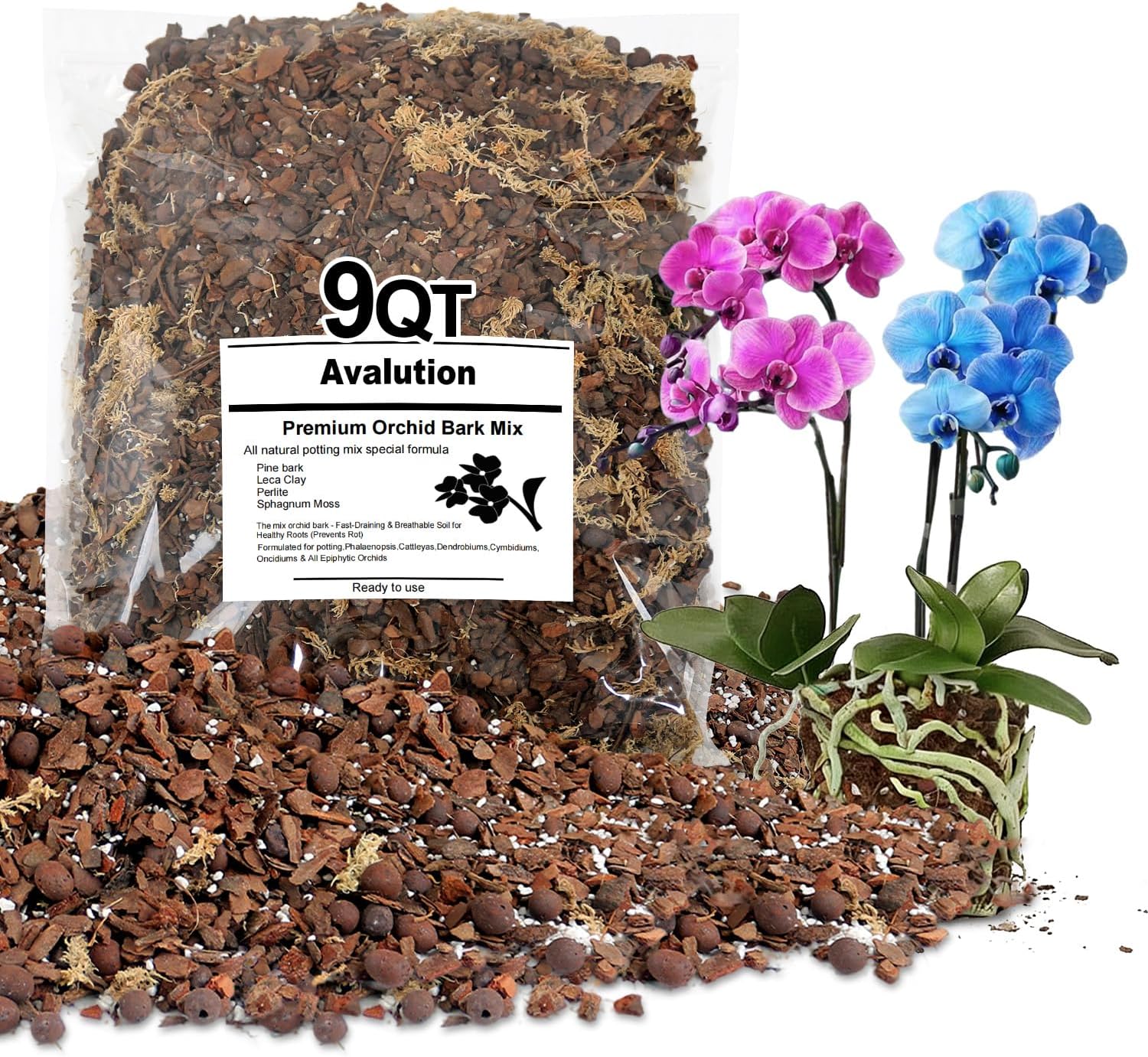Orchid Bark Potting Mix 9Quart, Mix Pine Bark, Organic Perlite, Sphagnum Moss and Leca Clay Pebbles for Plants, Orchid Fertilizer Garden Soil for Root Development