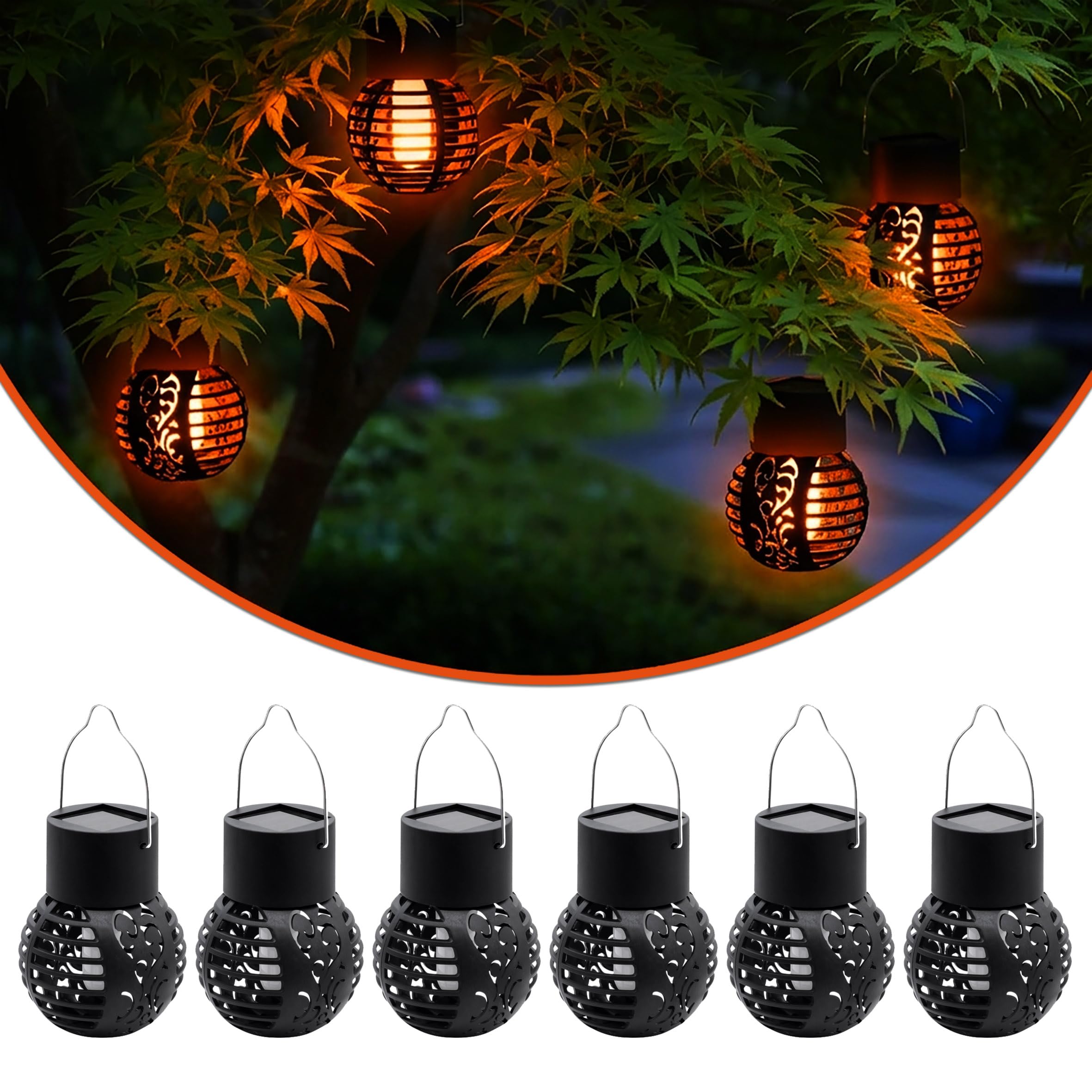 Lanterna solare a LED piccola con effetto fiamma, set da 6 pezzi, mini lanterna 9 x 7 cm, da appendere per esterni, lanterna decorativa da giardino, lampada solare a sospensione