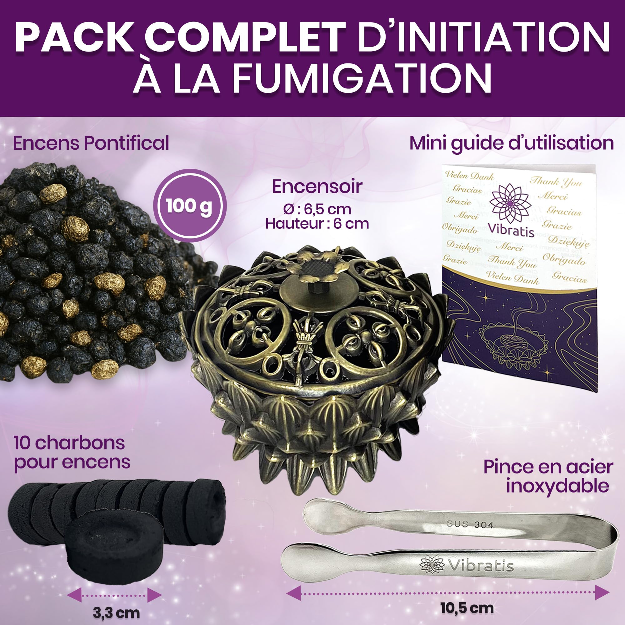 Coffret Encens Pontifical en Grains 100g avec Encensoir et Pince en Acier Inoxydable