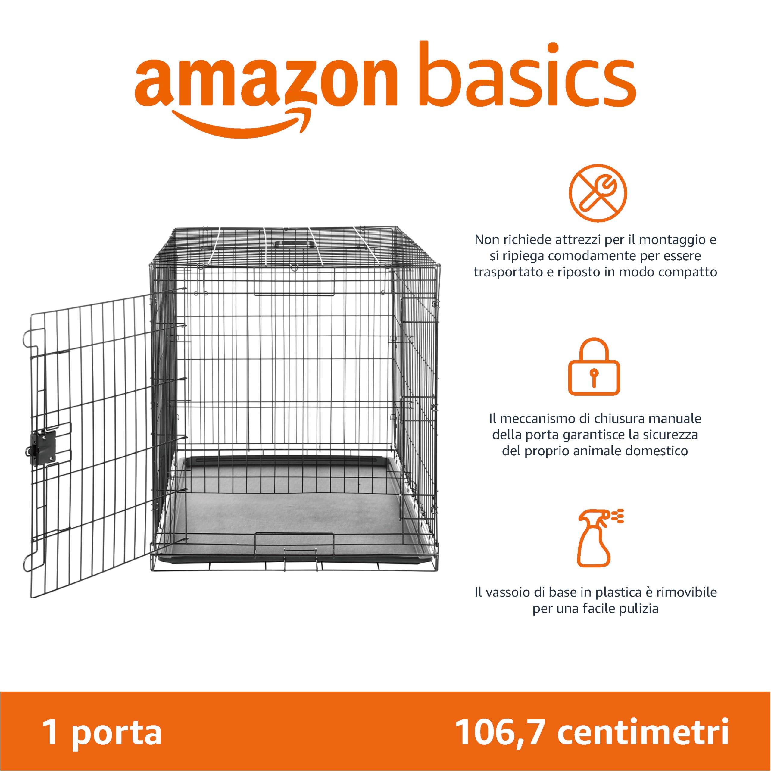 Amazon Basics - Gabbia per cani in metallo, Pieghevole, Rimovibile, con vassoio di base e sportello singolo, Nero, 106.7 x 71.1 x 76.2 cm