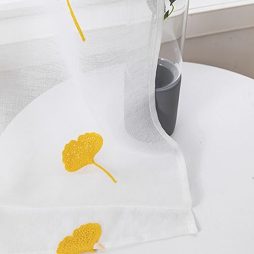 Miniatura 9 de Cortinas traslúcidas amarillas de 95 pulgadas de largo bordadas con estampado de hojas, aspecto de lino, cortinas semitransparentes para dormitorio