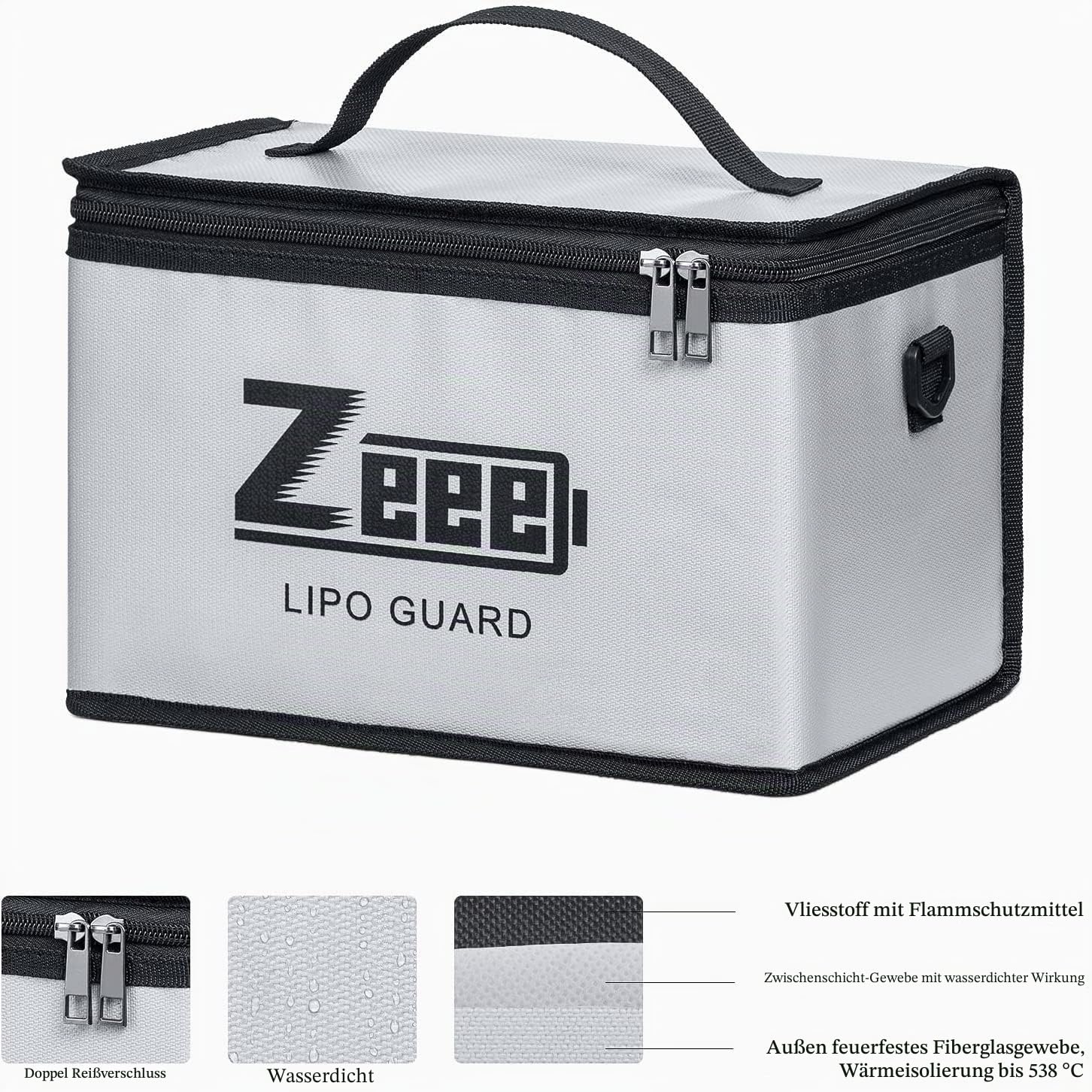 Zeee Lipo Safe Bag, Feuerfeste Lipo Bag mit großer Kapazität zur Aufbewahrung und zum Schutz der Batterie, 10 Zellen verstellbare Akku Tasche(10,6 x 6,7 x 6,7in)