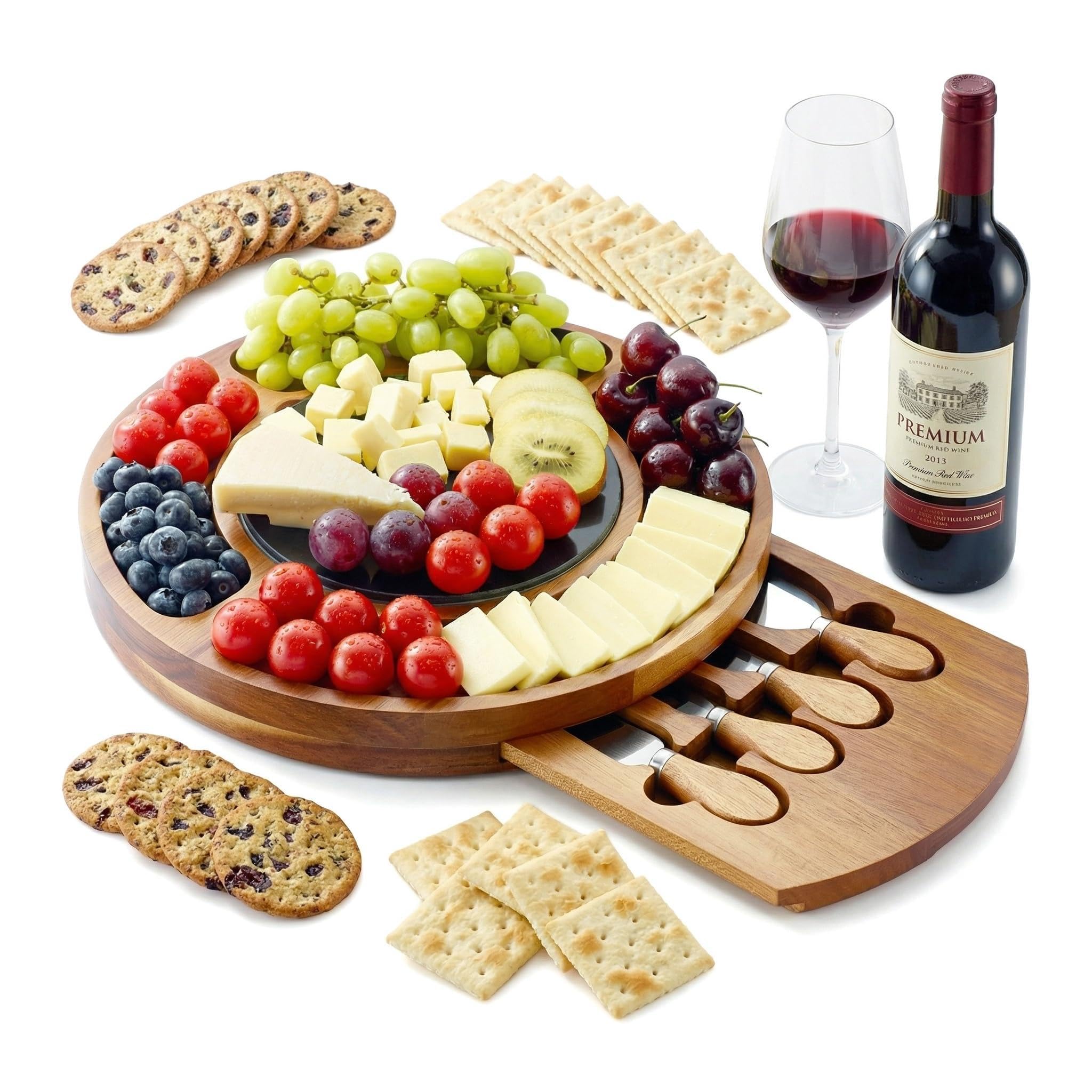 RAXCO Acacia Wood Cheese Board Gift Set with Slate Plate, 32cm Round Charcuterie Board with Hidden Drawer and 4 Specialist Cheese Knives