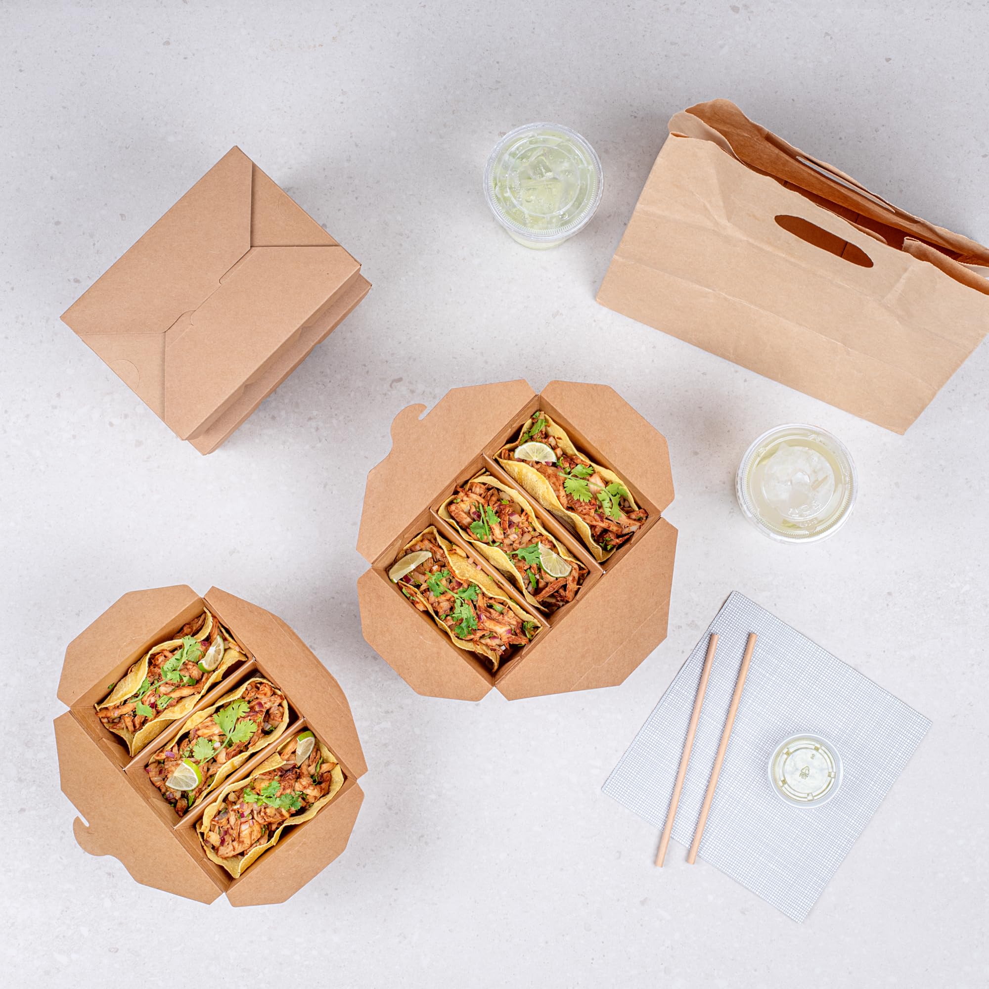 Restaurantware -Bio Tek - Contenedores de tacos de 7.5 x 5.5 x 2 pulgadas, 100 cajas desechables para tacos – 3 compartimentos, congelables, contenedores de papel kraft, tapa de bloqueo de pestañas,