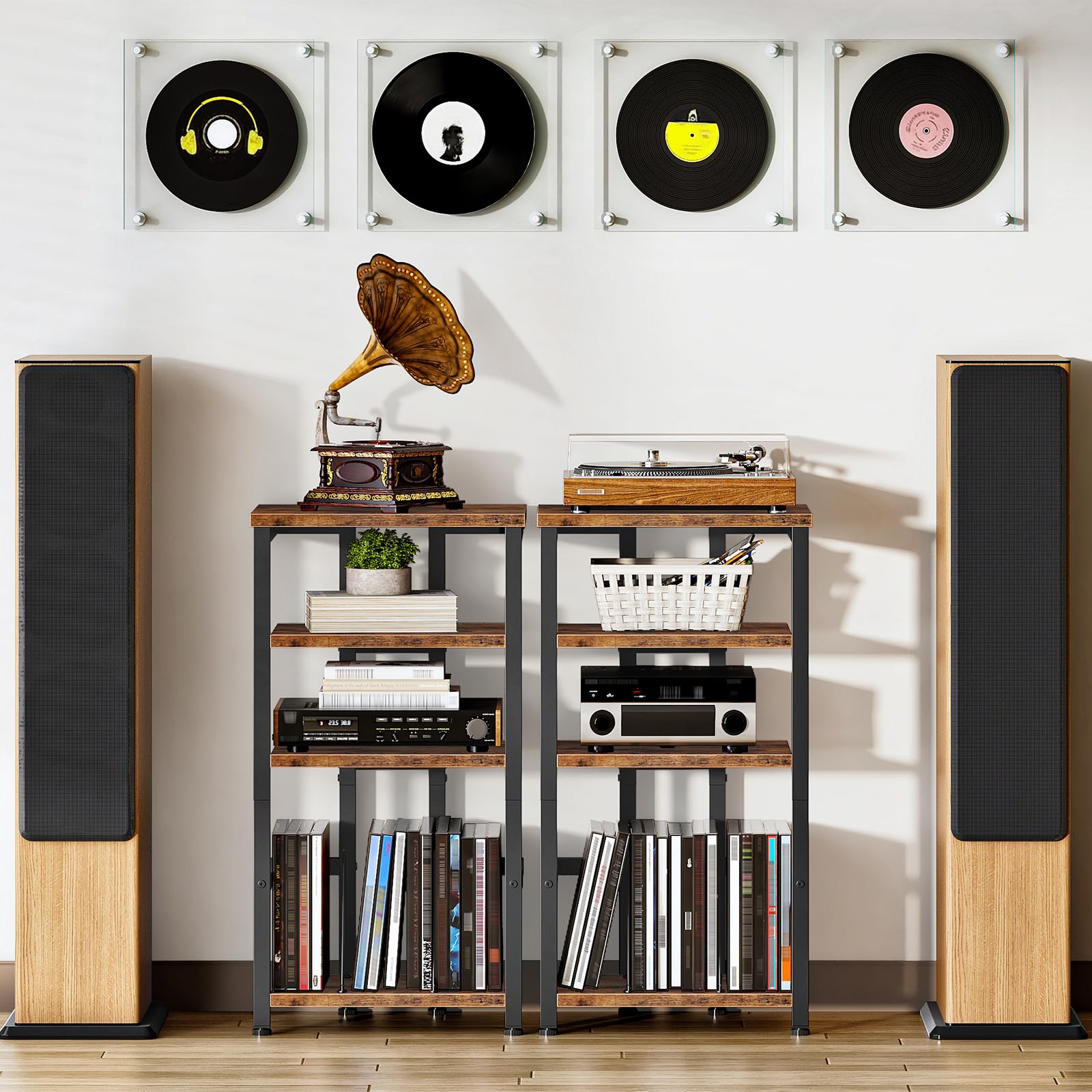 HOOBRO Meuble Tourne-Disque Style Vintage, Rangement Vinyles 4 Niveaux, Étagère Média pour Équipement Audio, Meuble Audio, Hauteur 39 x 28 x 76 cm, pour Salon, Marron Rustique et Noir EBF42CJ01