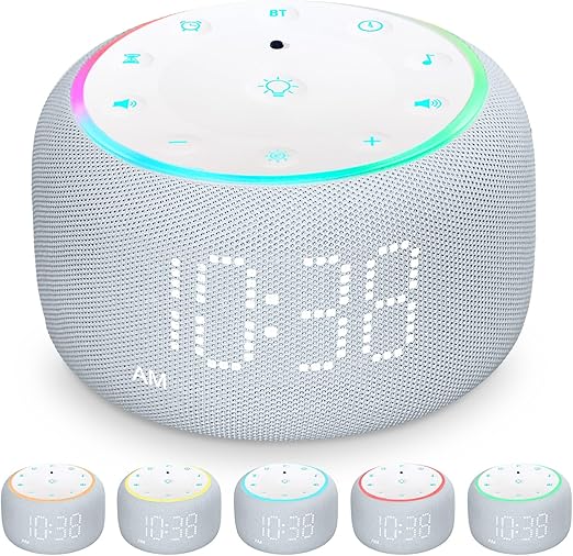 White Noise Machine Alarm Clock for Bedrooms - 5W Stereo Bluetooth Speaker - 24 Soothing Sounds - 9 Night Lights - Auto-Dimmable Digital Alarm Clock Sound Machine for Sleeping