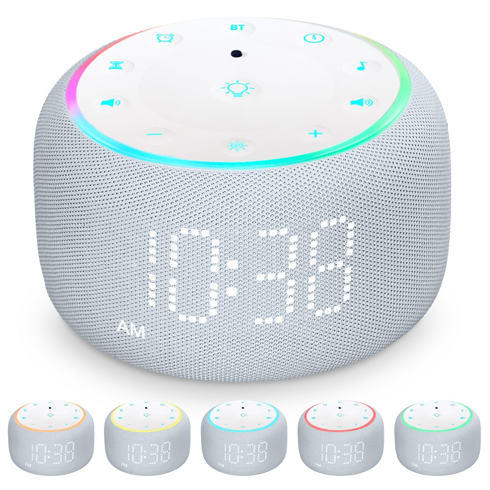 White Noise Machine Alarm Clock for Bedrooms - 5W Stereo Bluetooth Speaker - 24 Soothing Sounds - 9 Night Lights - Auto-Dimmable Digital Alarm Clock Sound Machine for Sleeping