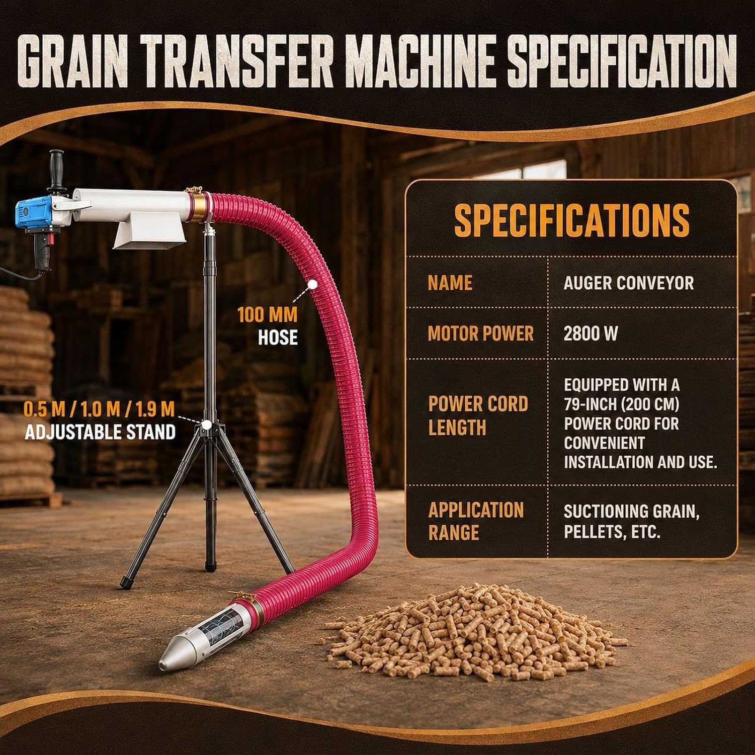 Macchina Trasferimento Granaglie, Elettrica Aspiratore, Coclea Caricatrice 5m, 1.5m, 1.5m