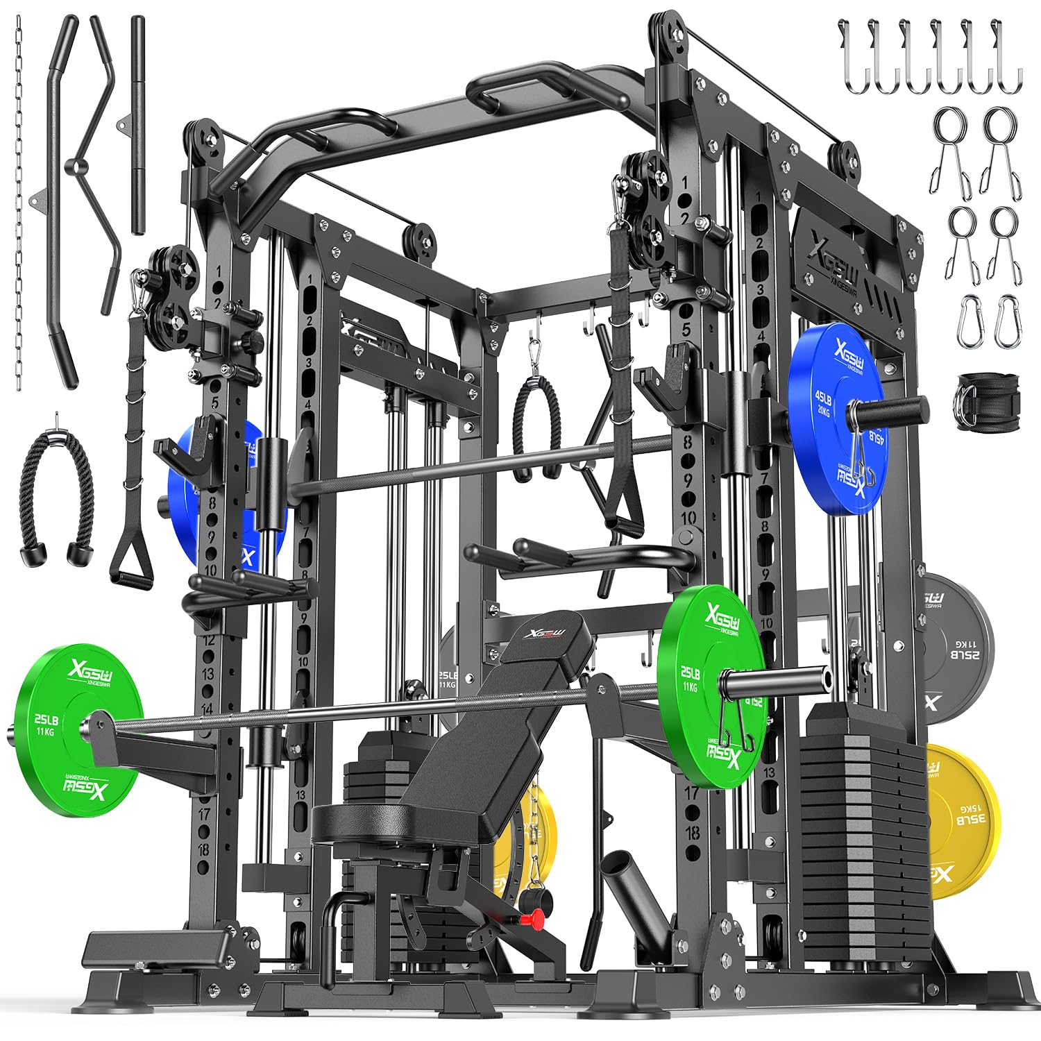 XGSW Smith Machine with Weight Stack, Multi-Function Squat Rack Power Cage with Cable Crossover System, for Home Gym