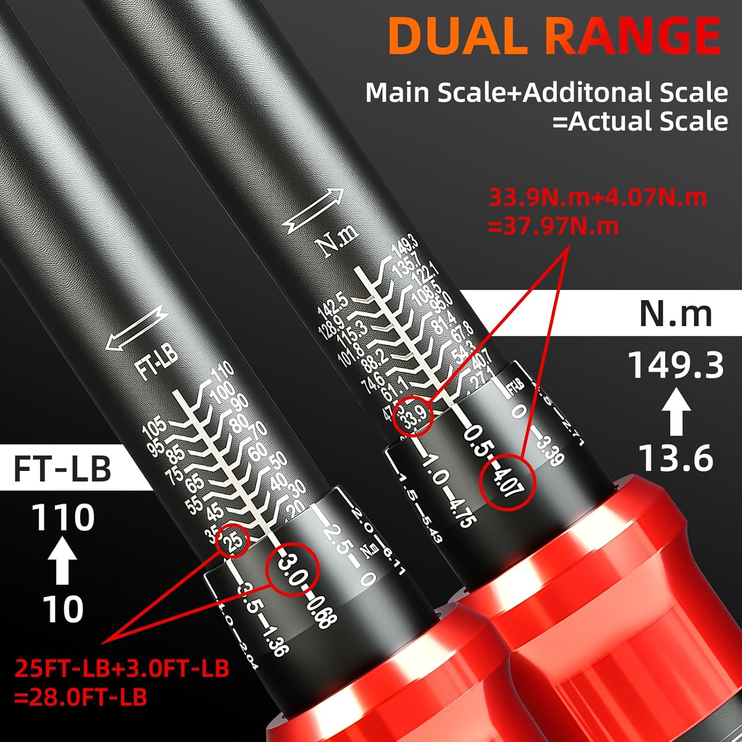 3/8-Inch Drive Torque Wrench 10-110ft.lb/13.56-149.14Nm, ±3% Precision Dual Direction Torque Wrenches with 72-Tooth Dual Range Scales with Ft.Lbs and N.m