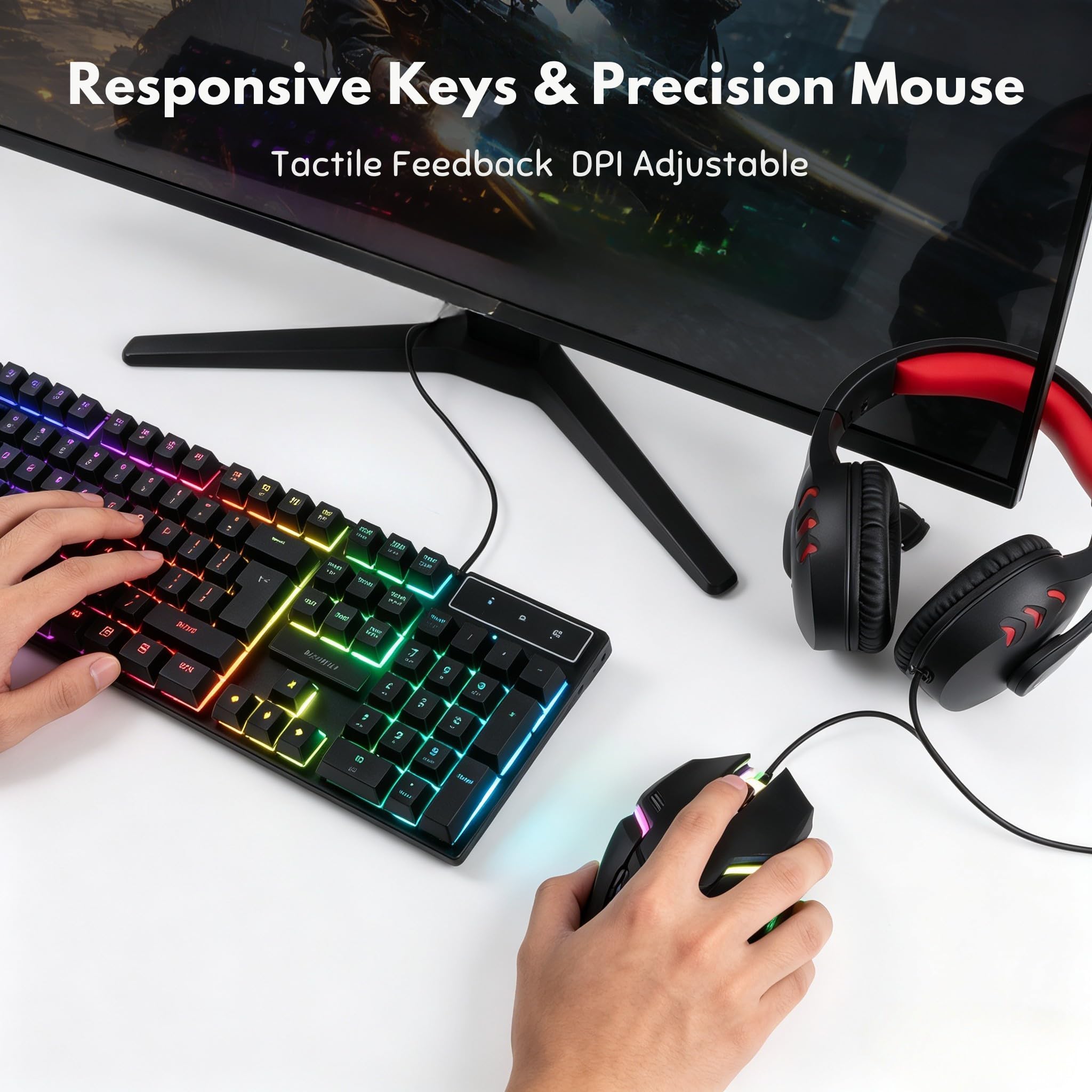 T-WOLF TF800 Combo gioco in quattro pezzi Tastiera 104 tasti Mouse con luce respiratoria a 4 colori Cuffie gioco 3,5 mm Tappetino per mouse antiscivolo