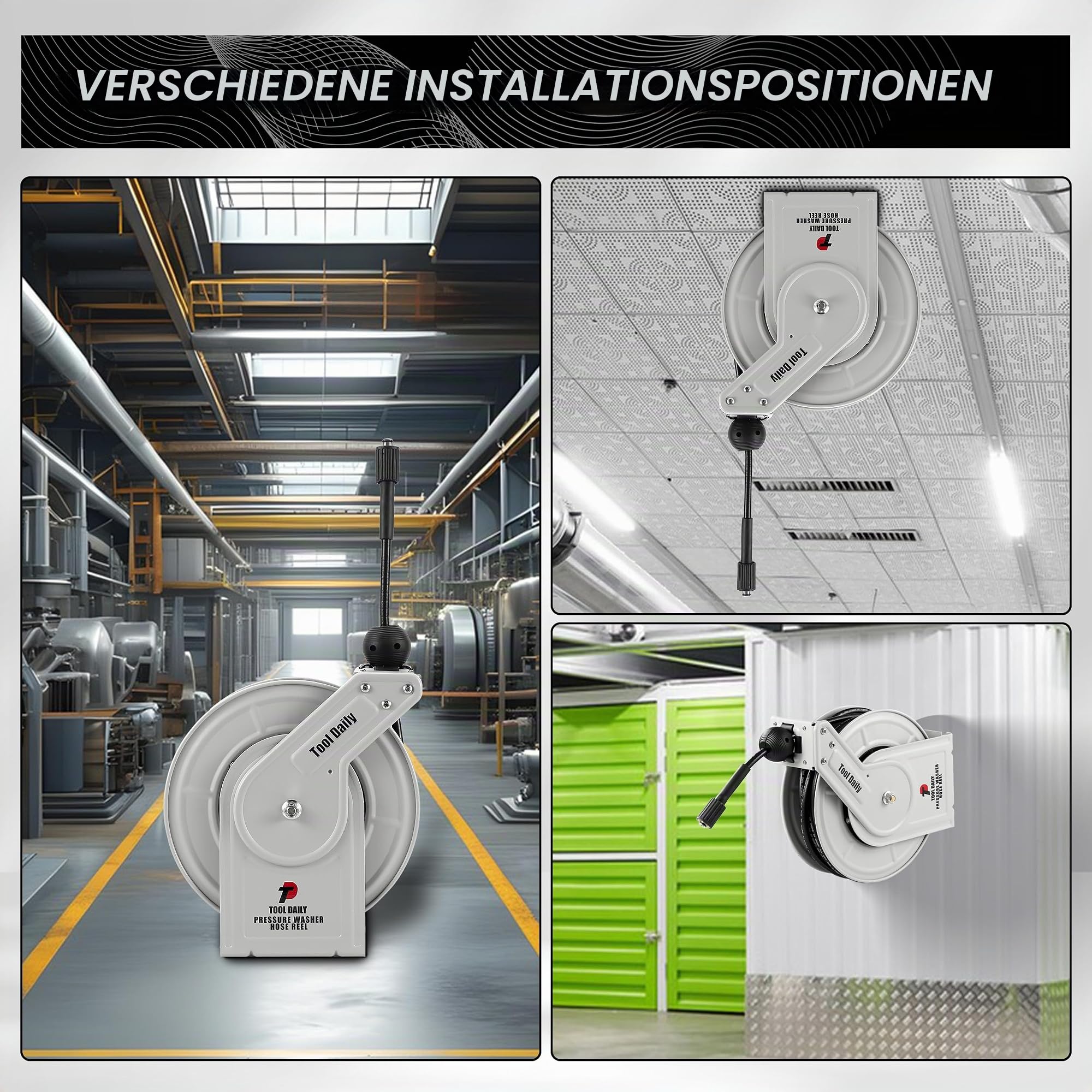 Tool Daily Aufrollbarer Hochdruckschlauch-Aufroller 18 m x 1/4 Zoll, Robuste Schlauchtrommel für Hochdruckreiniger 248 bar (3600 PSI) mit Wand- und Bodermontage