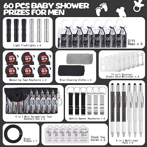 Miniatura 3 de Juego de 60 premios para baby shower para hombres, juego de 6 con paño de limpieza, abridor de botellas, cinta de destornillador, llavero de