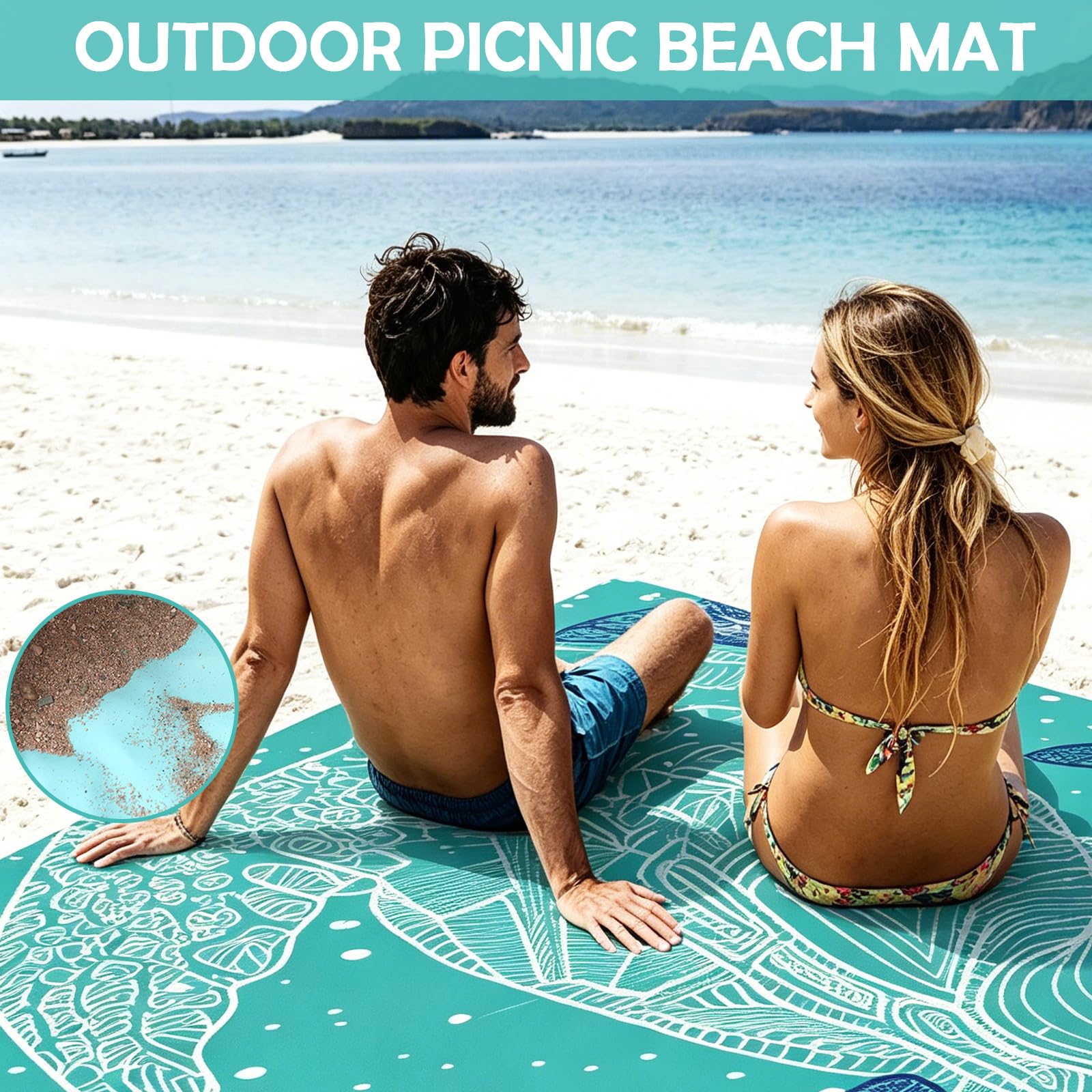 Koc plażowy 200×210cm bez piasku, koc piknikowy wodoodporny, funkcjonalny koc plażowy XXL na zewnątrz, mikrofibrowy ręcznik plażowy z kieszonkami na rogach, koc piknikowy na zewnątrz na plażę