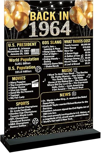 Trgowaul Decoraciones de cumpleaños número 60 para mujeres y hombres, póster de cumpleaños de 1964 en color negro y dorado con soporte, decoración