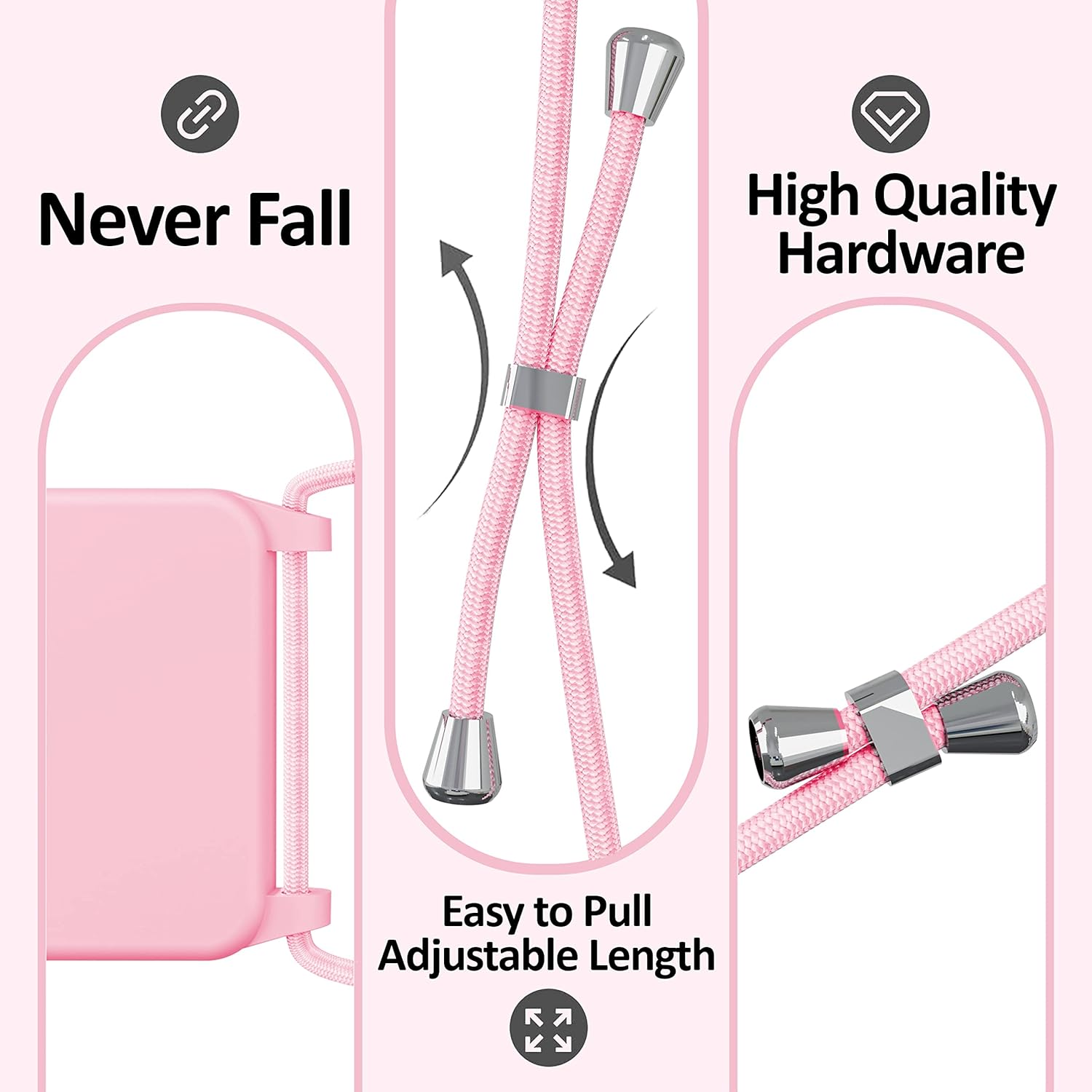 Blaspins Crossbody Strap Phone Case for iPhone 13 Pro Max, Adjustable Rope, Belt Neck Lanyard, String Detach Lanyard, Drop Proof Sturdy, Wrist Hand Free Protective Cover 6.7 inch 13 Pro Max - Pink - Image 3