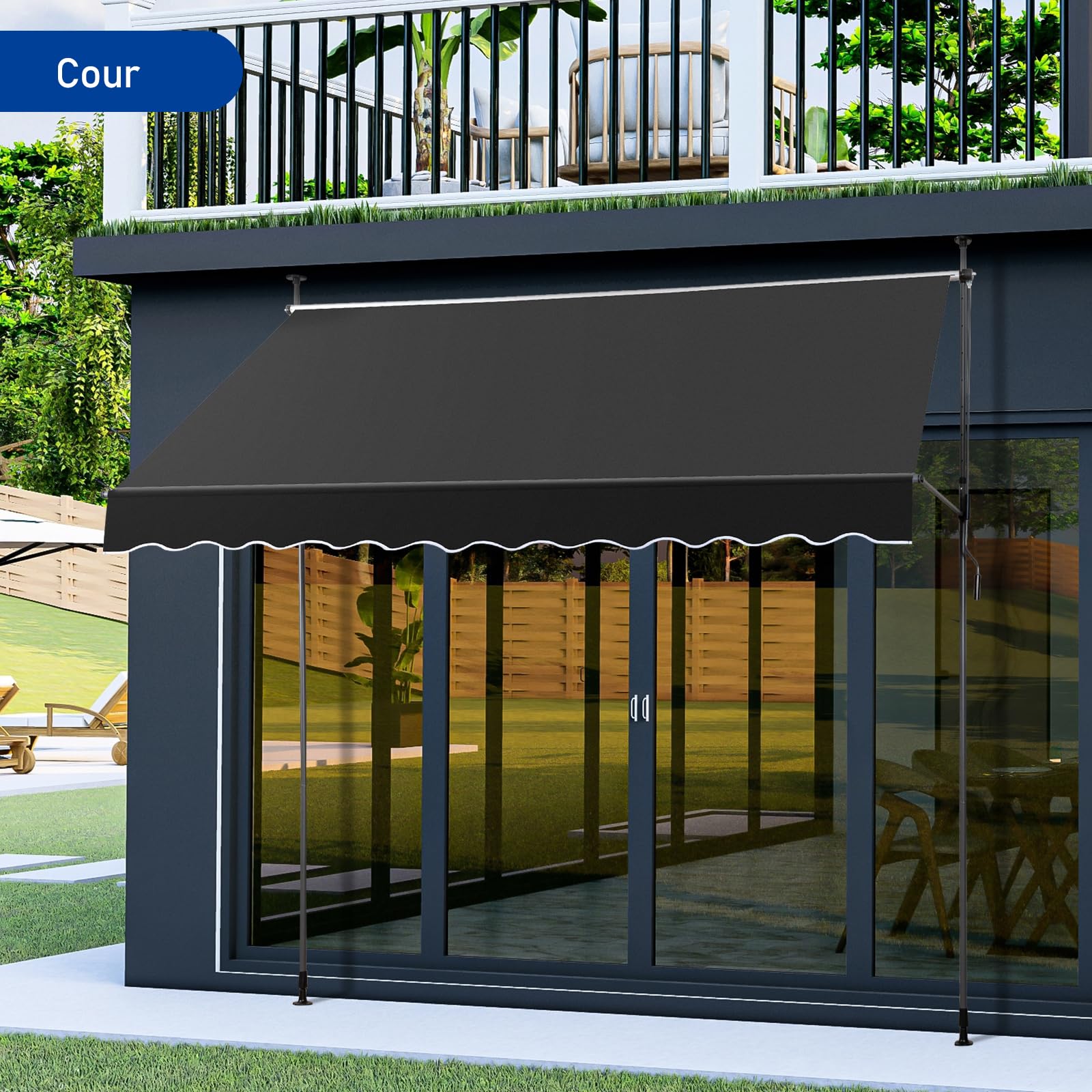 LEADZM Tenda da sole per balcone senza fori, impermeabile, resistente ai raggi UV, regolabile in altezza con manovella, per terrazze, balcone, giardino, negozio (nero, 300 x 120 x (200-300)