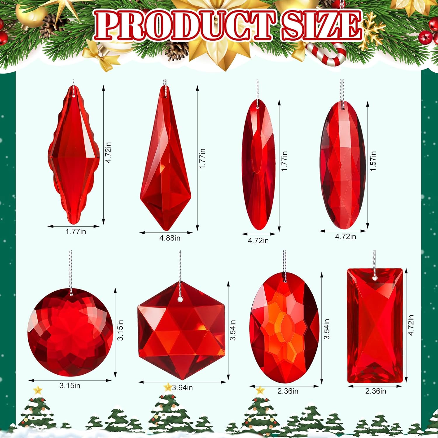 LemonRoad 8 Pack Jewel Christmas Ornaments 3.15"- 4.88" Crystal Jewel Hanging Ornaments Christmas Tree Hanging Decor Glitter Xmas Rectangle Gemstones for Wedding Holiday Party Decor - Image 2
