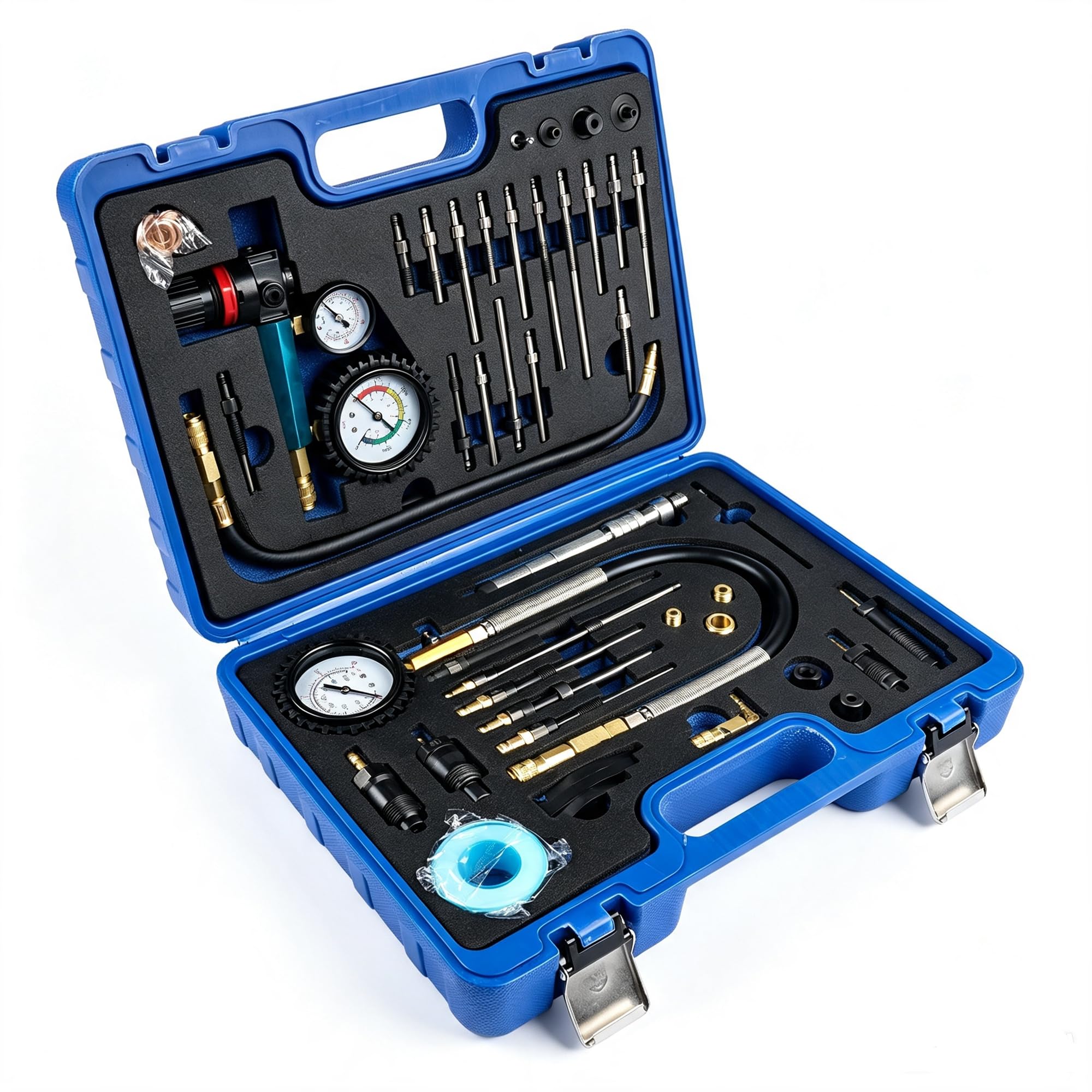 46 Pezzi Tester di compressione e Perdite per Motori a Benzina & Diese compatibile con motori diesel e benzina per la maggior parte delle auto, camion, moto (scatola blu) Hopzty