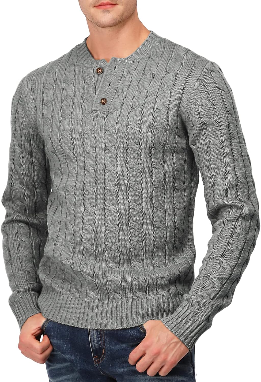 H2H Mens Casual Slim Fit Pullover Sweaters Long Sleeve Cable Knitted Sweater with Button Closure - Image 2