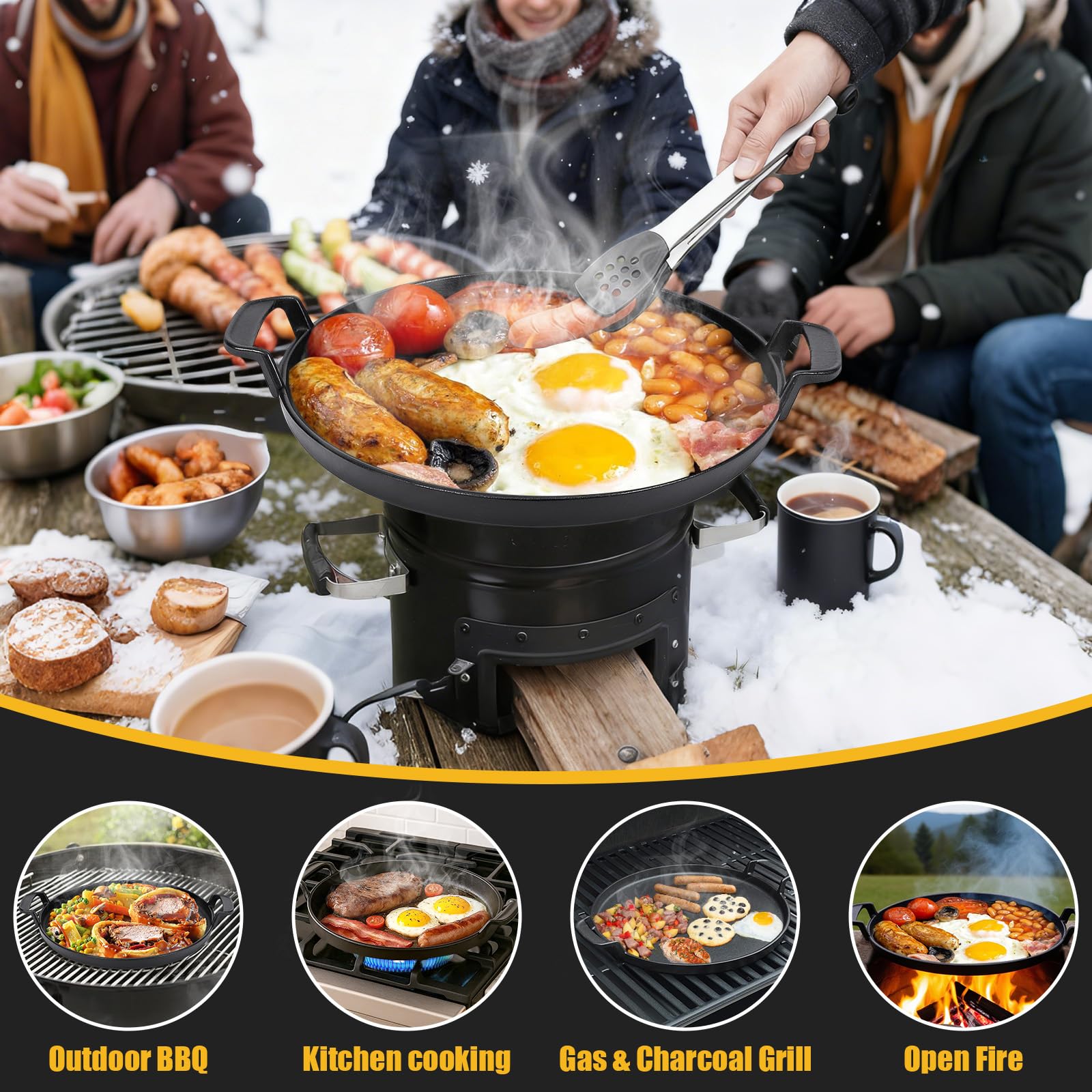 GFTIME 7421 30.9CM Bakeware Tonda Ghisa Padella, Inserto Presa Gourmet Barbecue Sistema. di Scarico del Grasso Facile, Maniglia Protettiva. Bistecca Arrostire Pancetta per Barbecue Verdure, Carne.