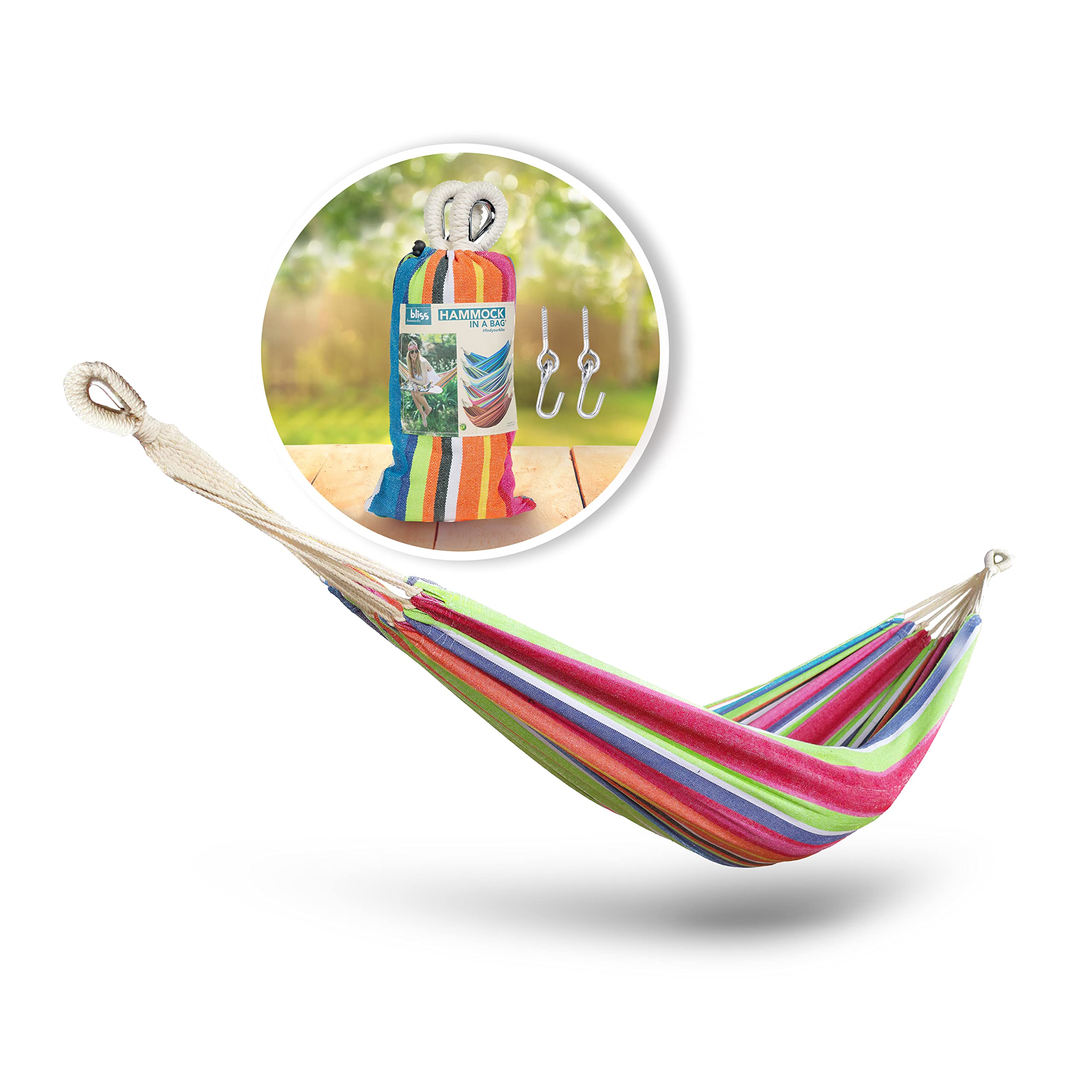 Bliss HammocksBH-400-TF 40" Wide Hammock in a Bag w/ Hand-Woven Rope Loops & Hanging Hardware Outdoor, Poolside, Patio, Backyard Durable, Cotton and Polyester Blend 220Lbs Capacity