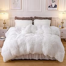 habibee Plush Fluffy Duvet Cover Set Oeko-TEX Certified Luxury Soft Shaggy Ultra Fluffy Crystal Velvet Bedding Set 3 Pieces (1 Duvet Cover + 2 Pillow Sham) Zipper Closure (White, King)