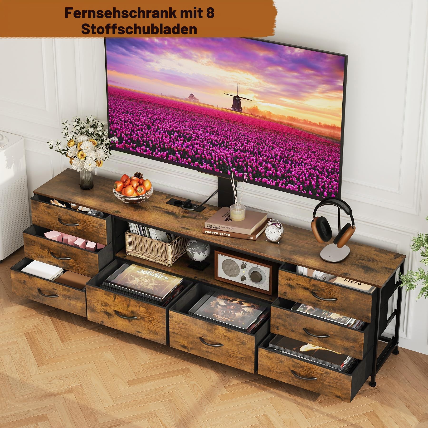 VEDECASA 180cm TV Lowboard mit TV Halterung, LED Beleuchtung & Steckdosenleiste, TV Schrank mit 8 Stoffschubladen und offenem Gerätefach, Industrial Fernsehtisch für 32–80 Zoll TVs, Braun