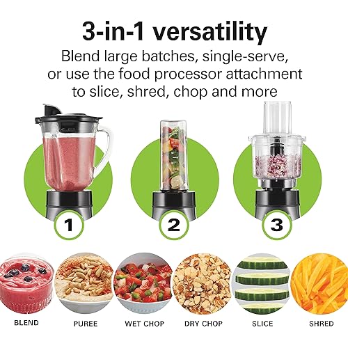 Miniatura 2 de Hamilton Beach Blender and Food Processor Combo for Shakes & Smoothies, With 3 Cup Electric Food Chopper Attachment, 40 oz Glass Jar, Blender Travel