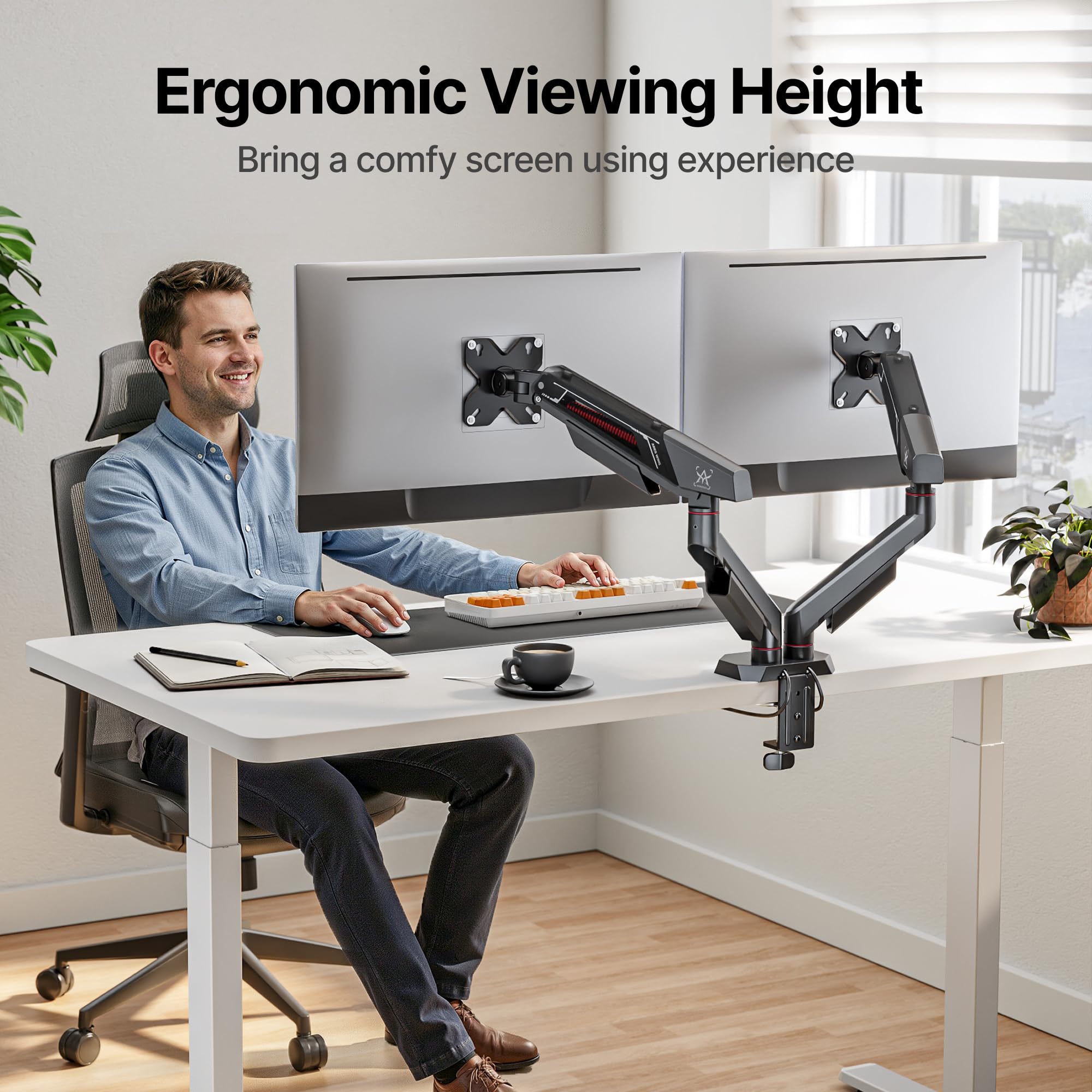 ARES WING Braccio per doppio monitor resistente, completamente regolabile, per schermi ultramampi piatti e curvi da 17-35 pollici, fino a 12 kg, con USB A/C, morsetto a C e base con occhiello