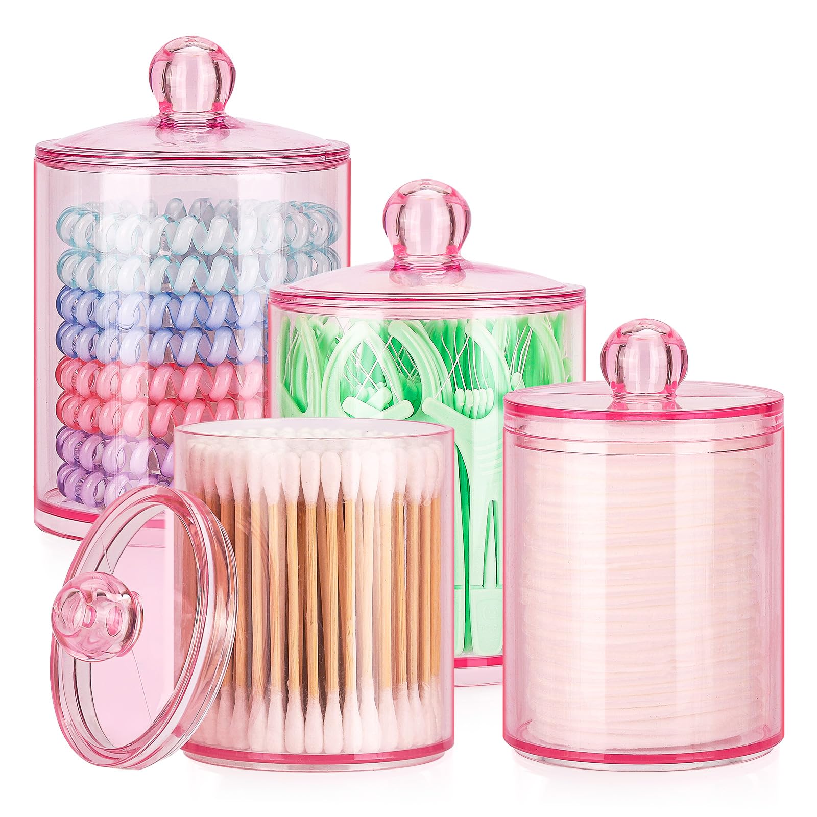Tbestmax 12 oz &amp; 10 oz Qtip Holder - 4 Pack Restroom Bathroom Organizers and Storage Containers, Pink Plastic Apothecary Jars with Lids for Cotton Swab, Cotton Round Pads, Floss