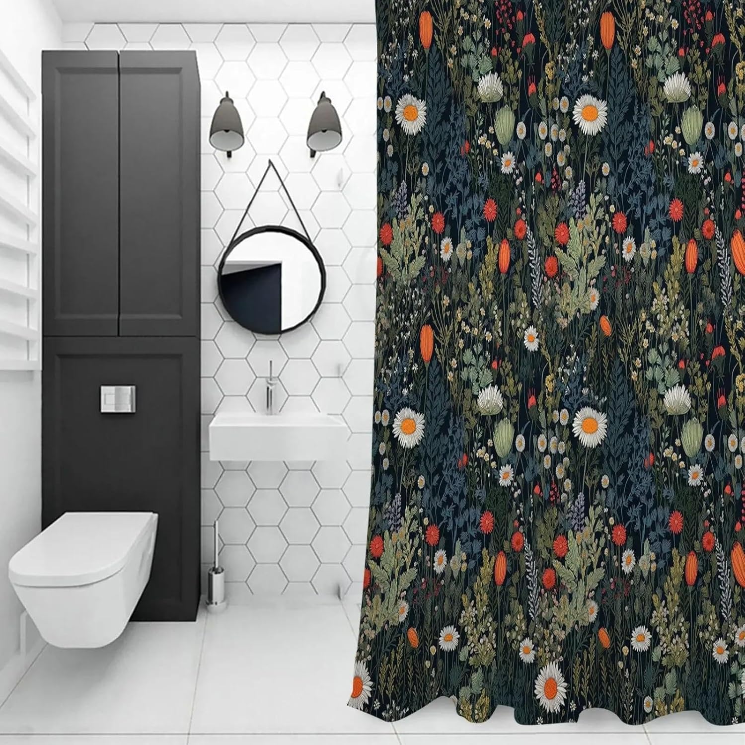 Wild Flowers Chrysanthemums Field Rural Pastoral Floral Plant Shower Curtain 79x80in（200x203cm） Vintage Herbs and Botanical Bathroom Decor Curtains, Black and Green Shower Curtain Sets