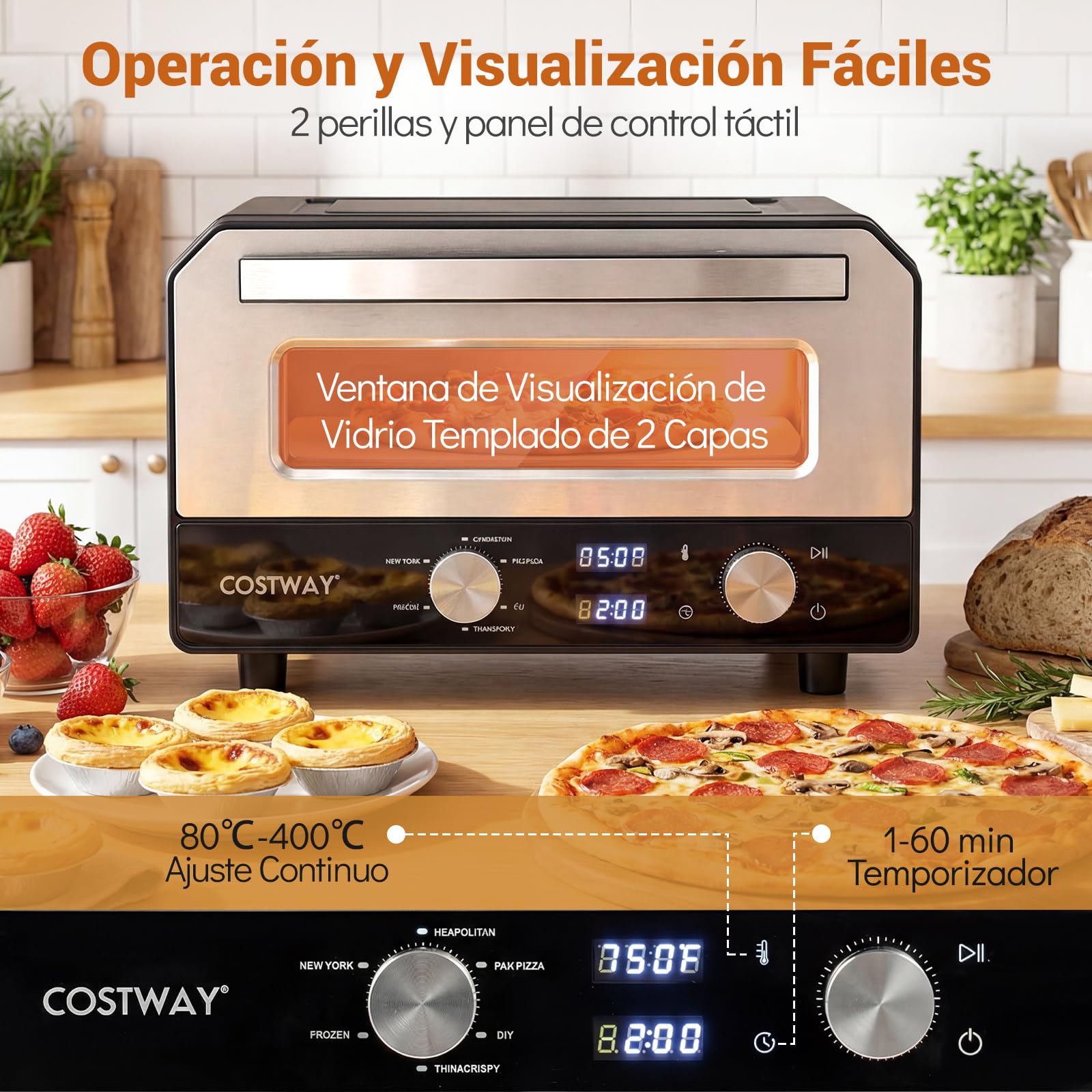 COSTWAY Horno Pizza Electrico, 11,5L, 1700W, 400℃, Pizzera Electrica con 6 Modos Preestablecidos, Piedra y Cortador de Rueda, Pizza Oven Interior Exterior