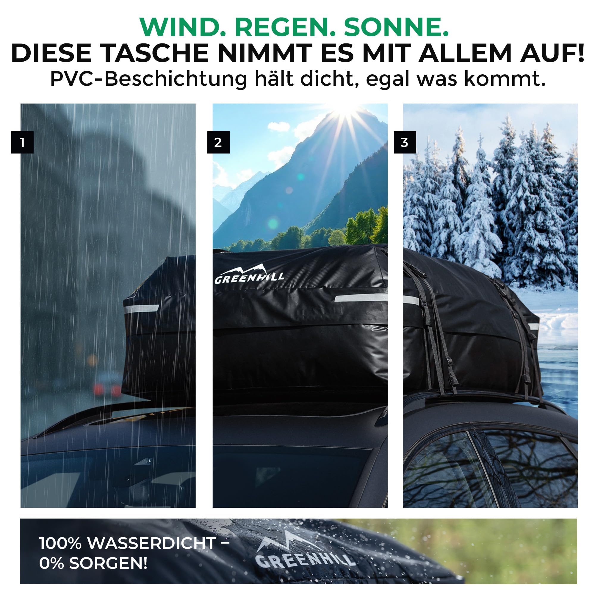 GREENHILL Auto Dachbox 410L Faltbar [Lackschonend], Dachgepäckträger wasserdicht, Dachtasche passend für alle Fahrzeuge