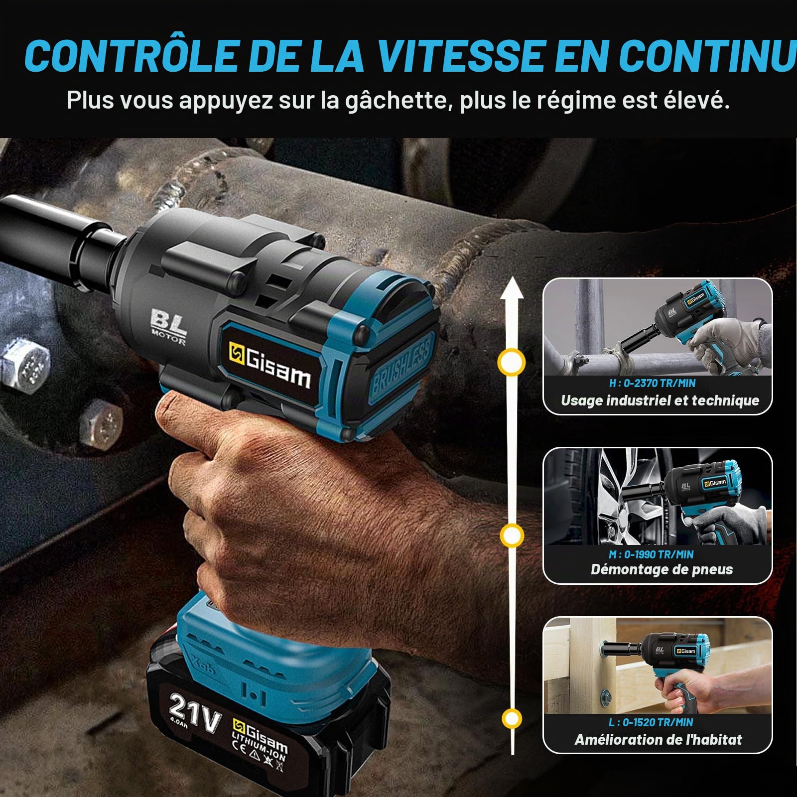 Gisam Clé à Chocs Sans Fil 1200 Nm Avec Batterie 8000 mAh Et Chargeur Rapide, Démonte-pneus Sans Balais 1/2 Batterie Avec Jeu de 5 Douilles Pour Voitures Et échafaudages