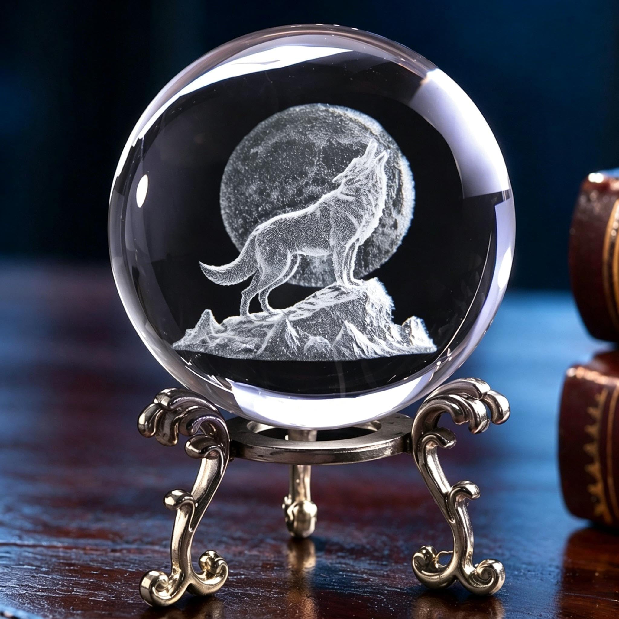 60mm 3D Howling Wolf Crystal Ball with Stand for Wolf Lovers - 3D Laser Moon Wolf Figurine Glass Sphere Ball Table Decor Crystal Paperweight Craft
